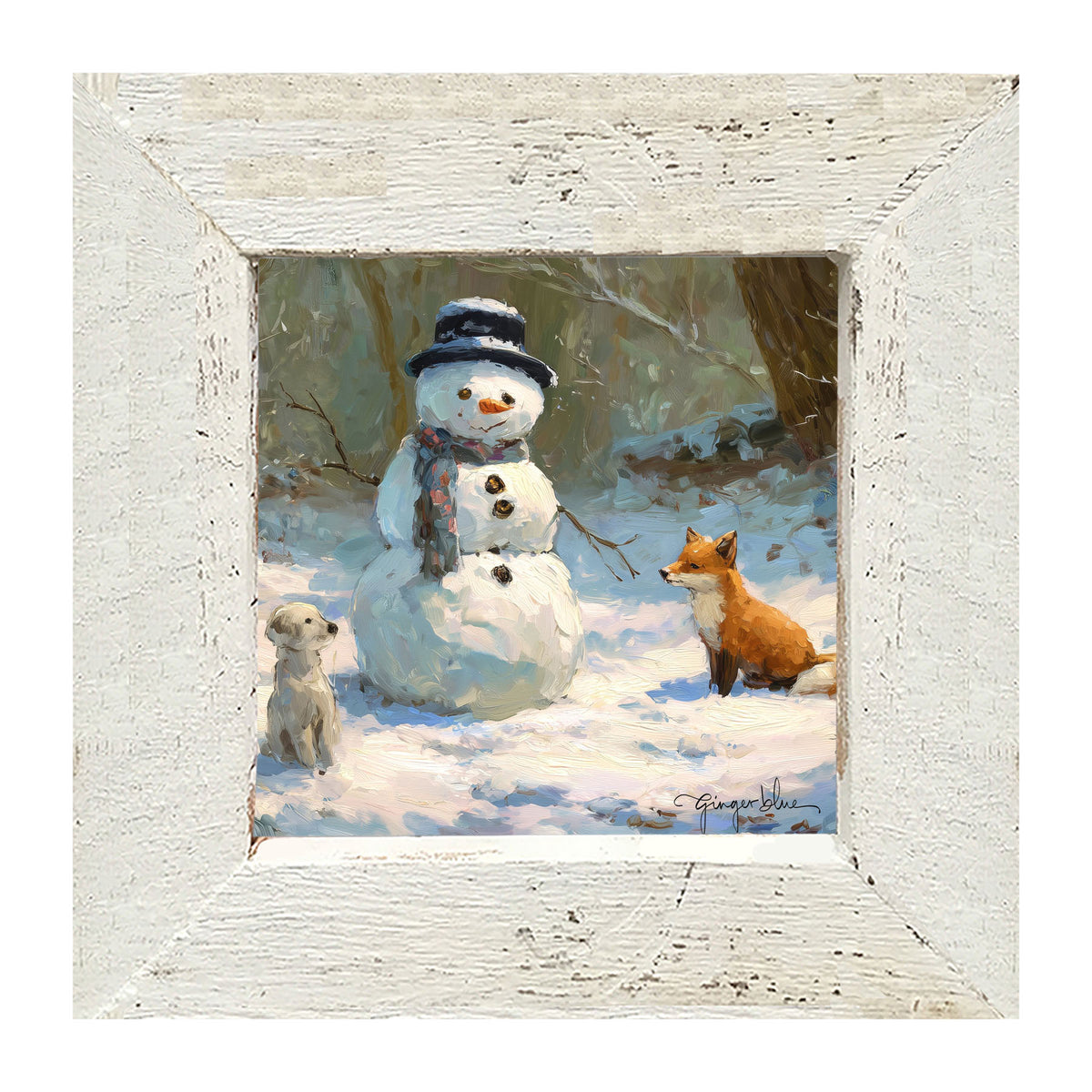 Snowman with Dog and Fox - Framed Art