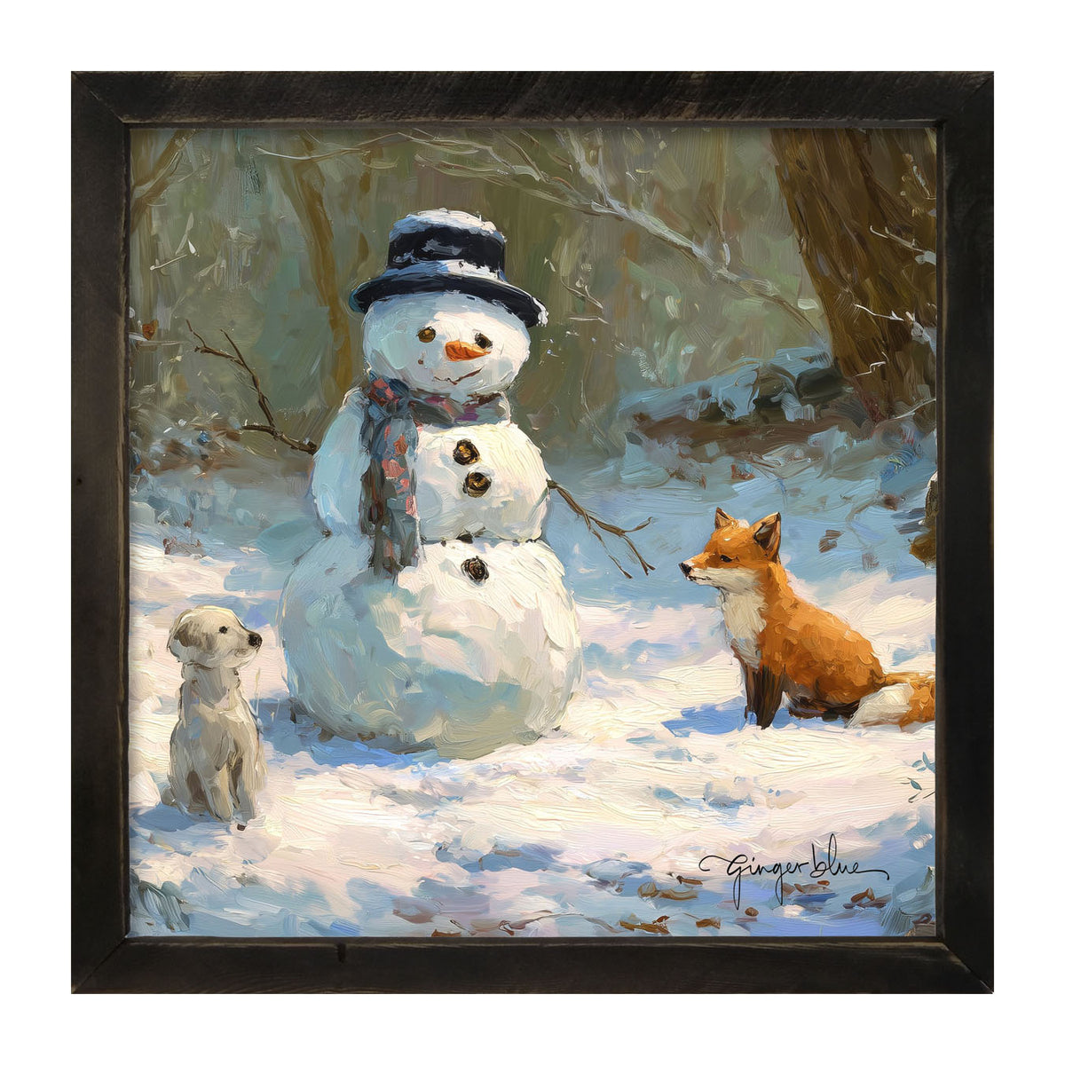 Snowman with Dog and Fox - Framed Art