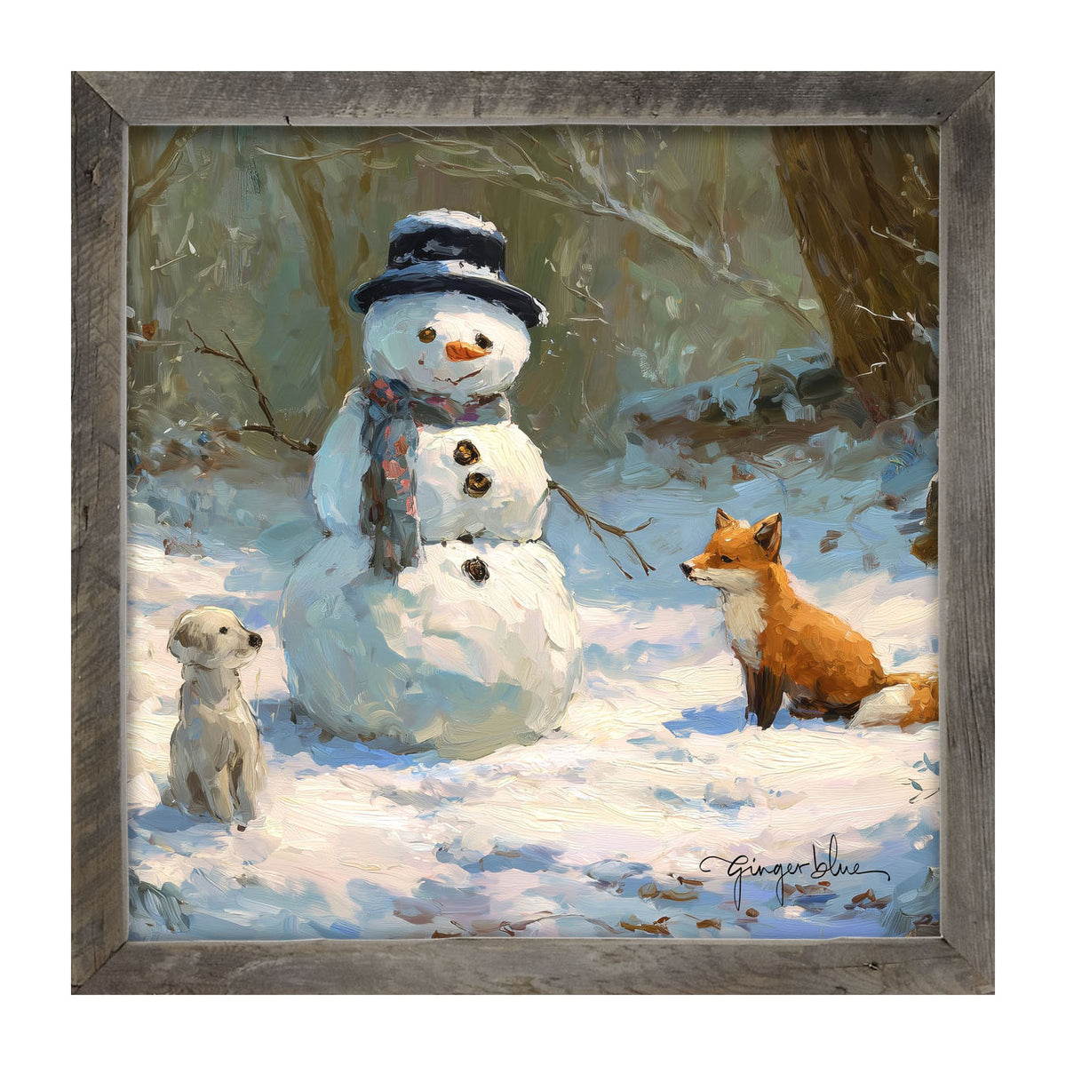 Snowman with Dog and Fox - Framed Art