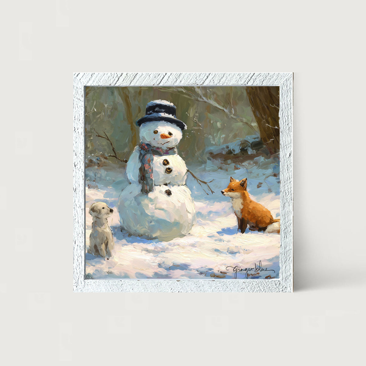 Snowman with Dog and Fox - Framed Art