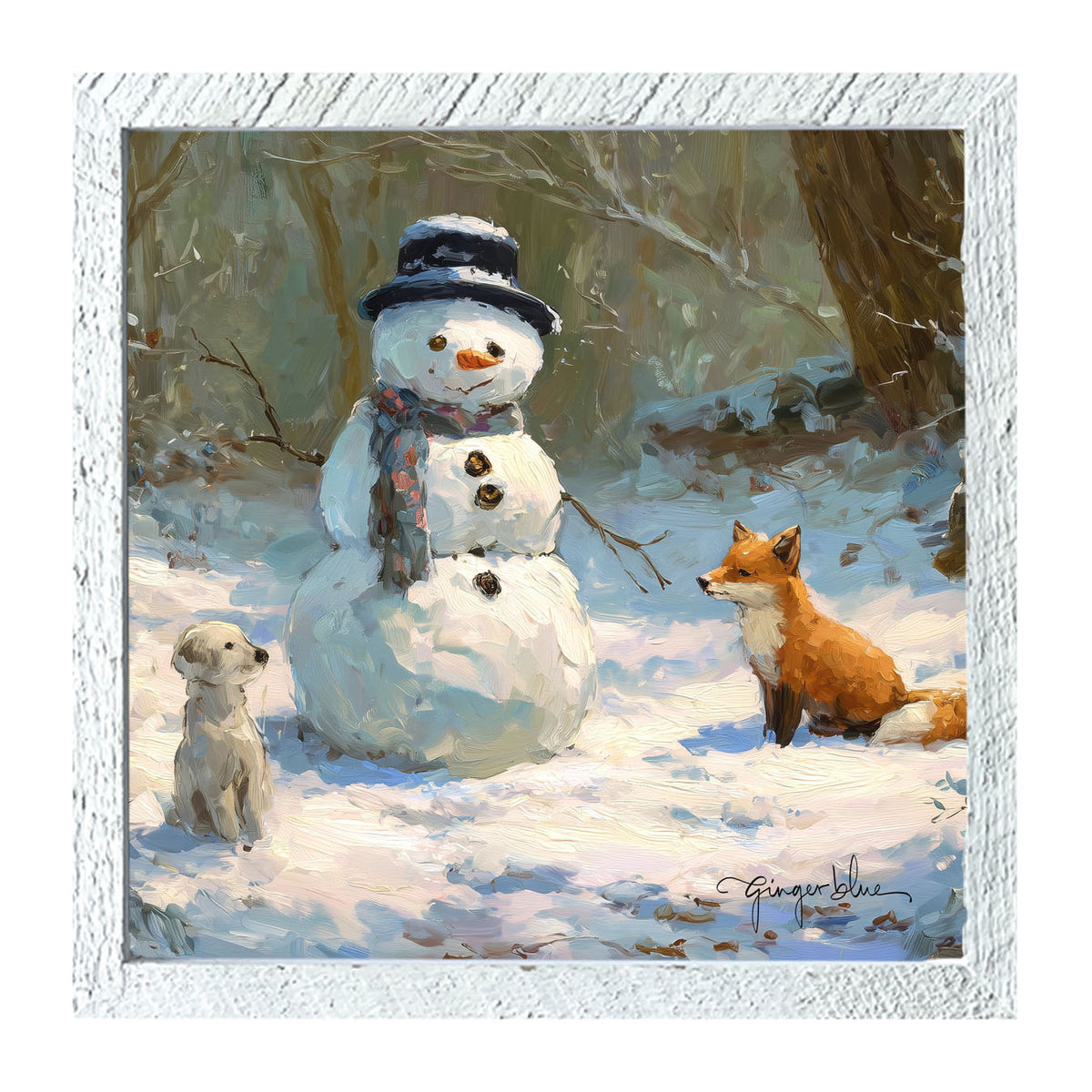 Snowman with Dog and Fox - Framed Art