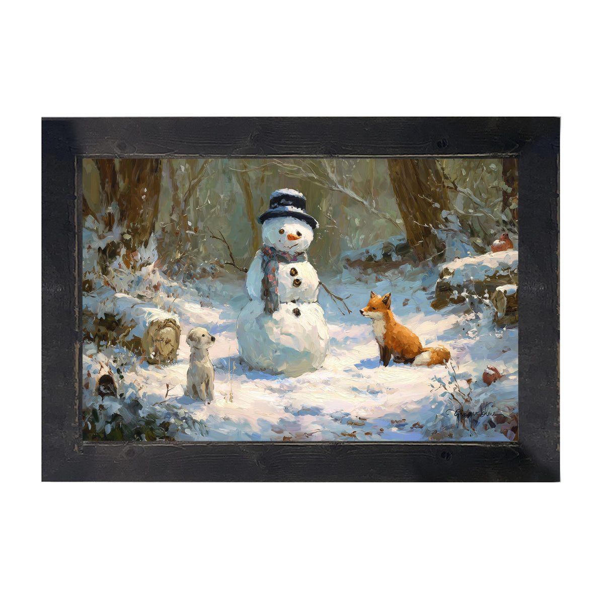 Snowman with Dog and Fox - Framed Art