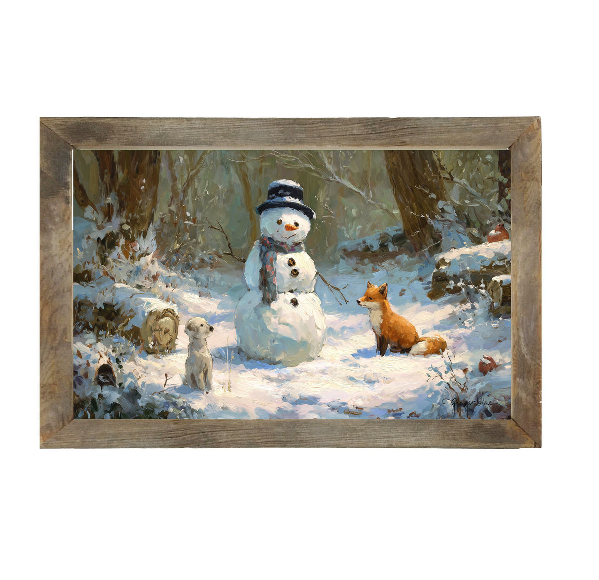 Snowman with Dog and Fox - Framed Art