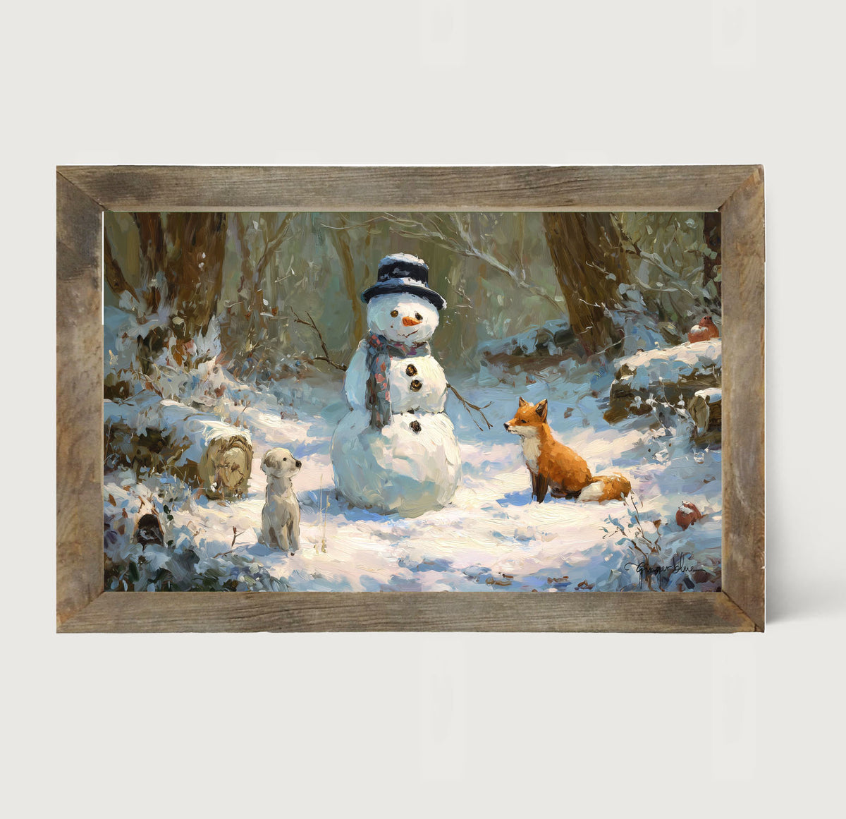 Snowman with Dog and Fox - Framed Art