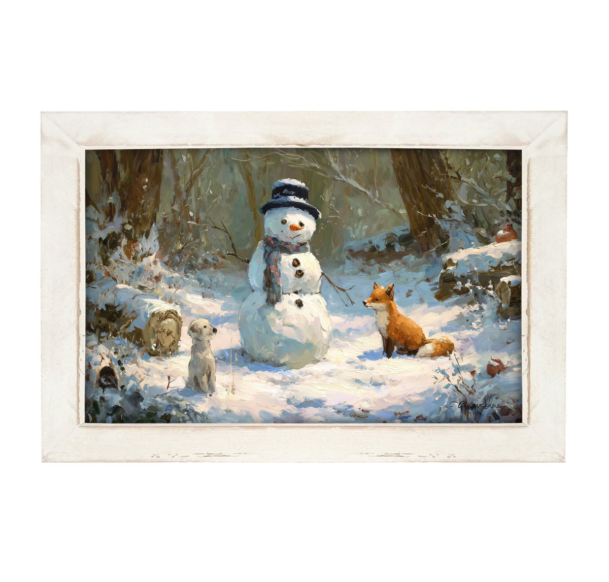 Snowman with Dog and Fox - Framed Art