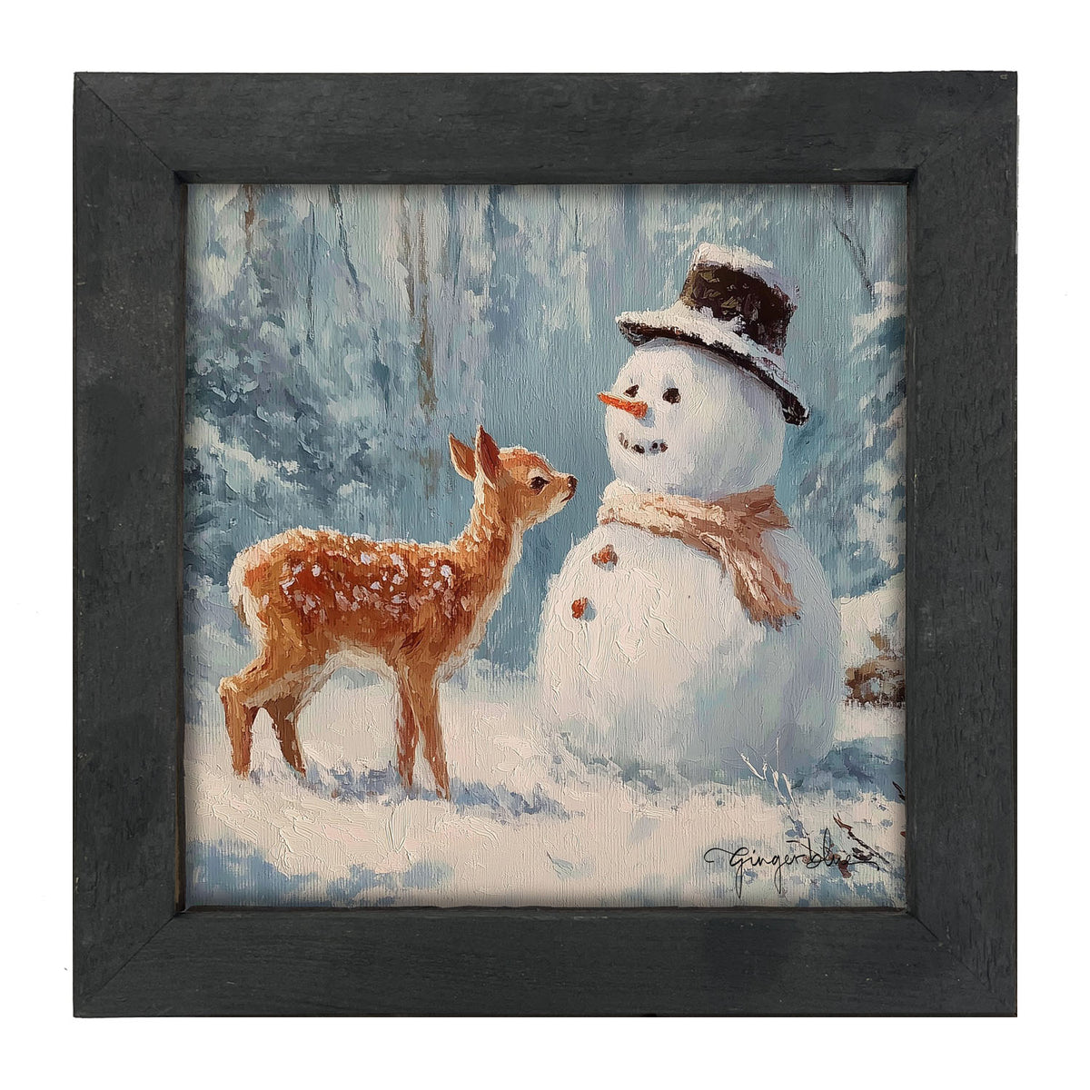 Deer with Snowman Friend - Framed Art