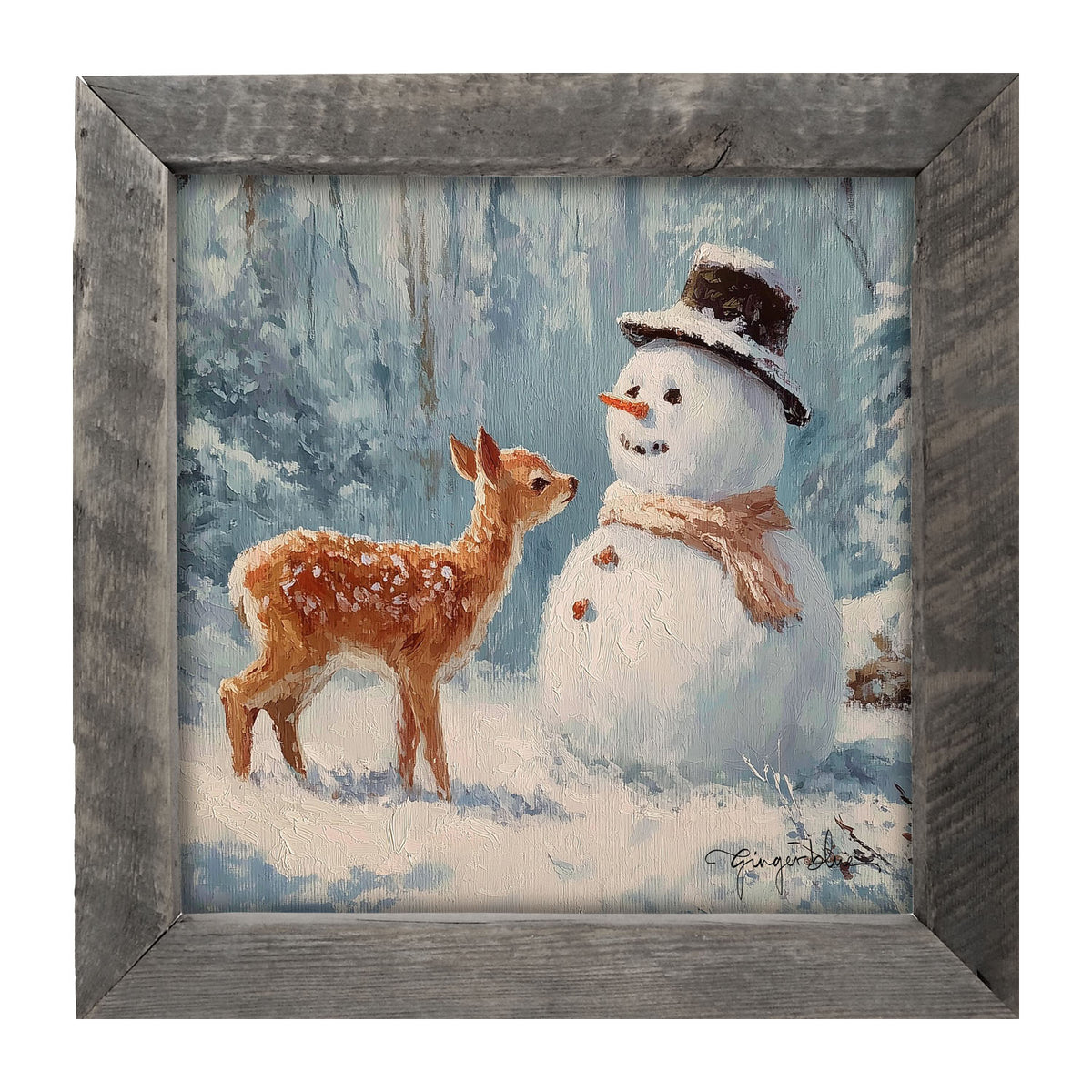 Deer with Snowman Friend - Framed Art