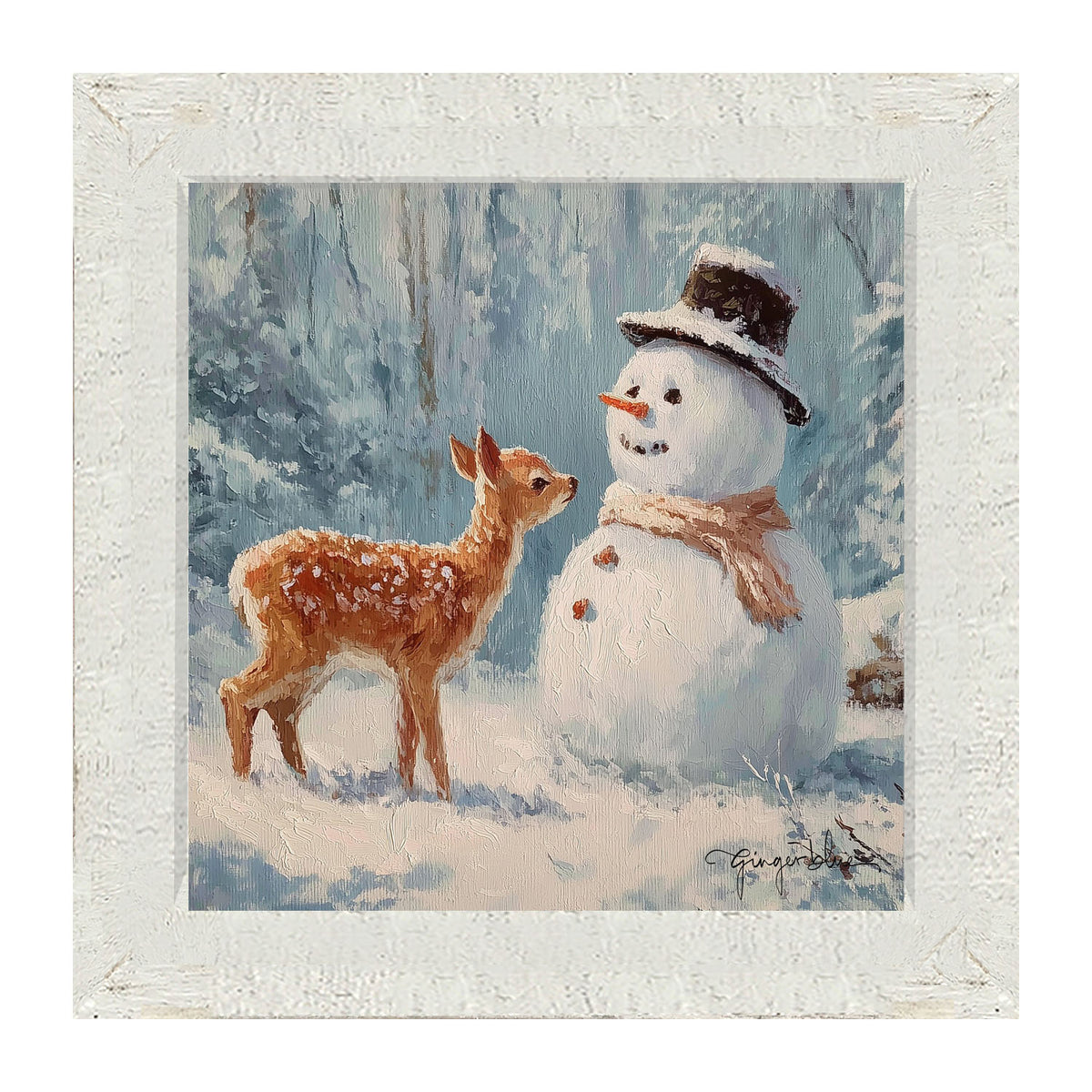Deer with Snowman Friend - Framed Art