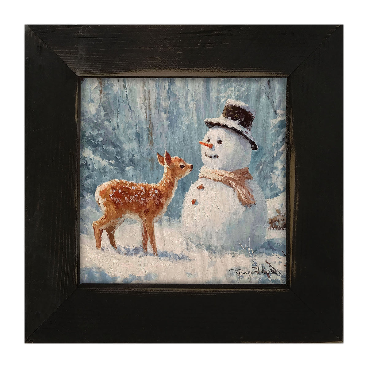 Deer with Snowman Friend - Framed Art
