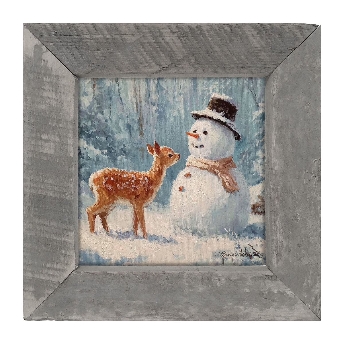 Deer with Snowman Friend - Framed Art
