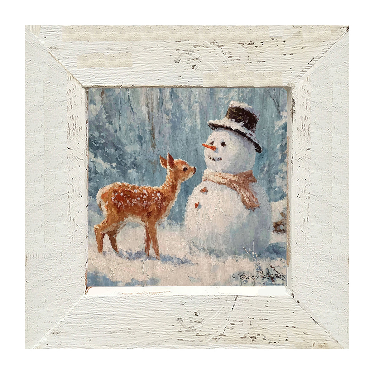 Deer with Snowman Friend - Framed Art