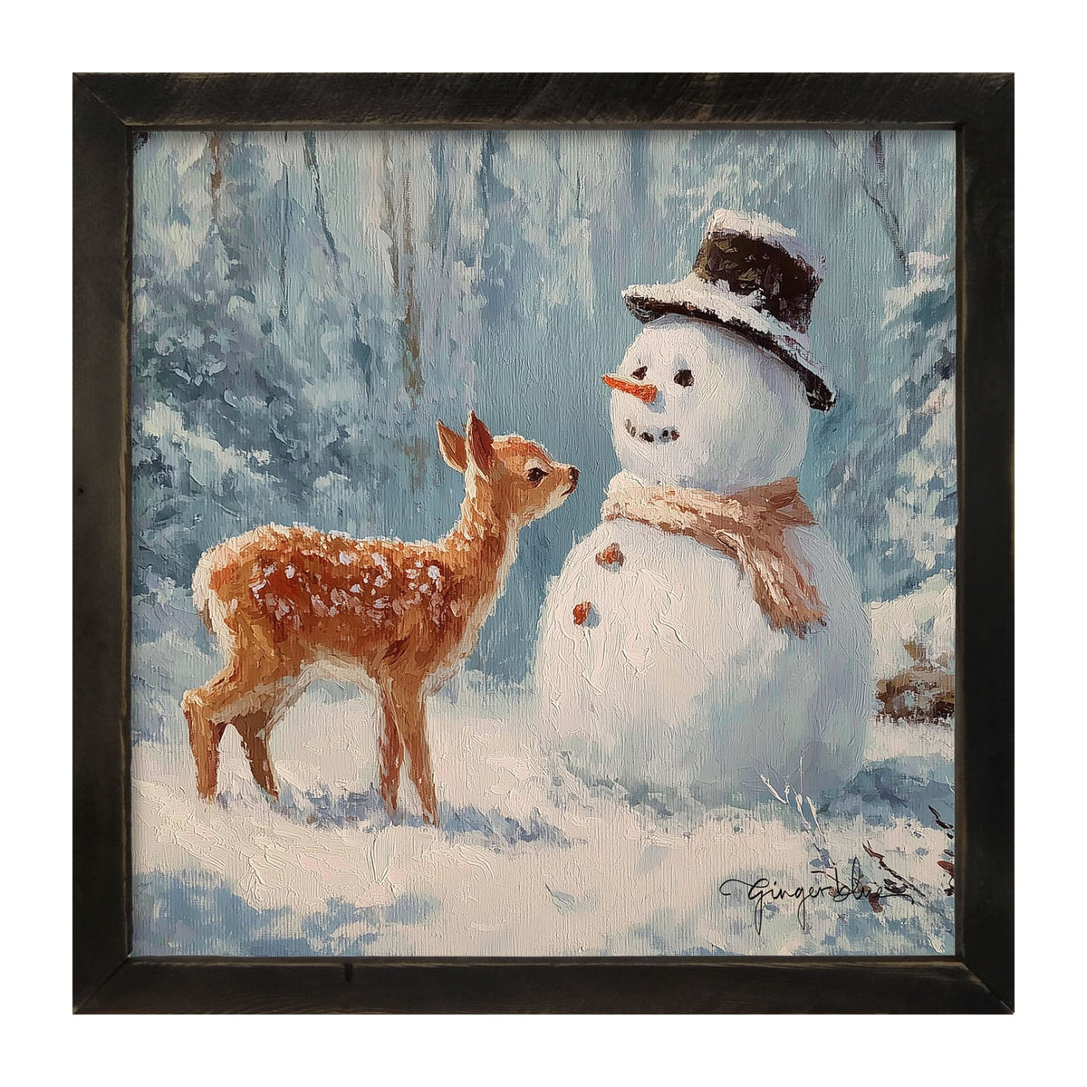 Deer with Snowman Friend - Framed Art