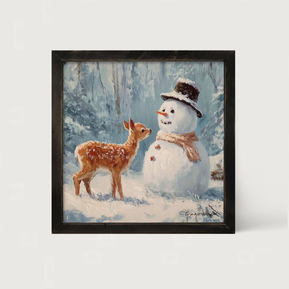 Deer with Snowman Friend - Framed Art
