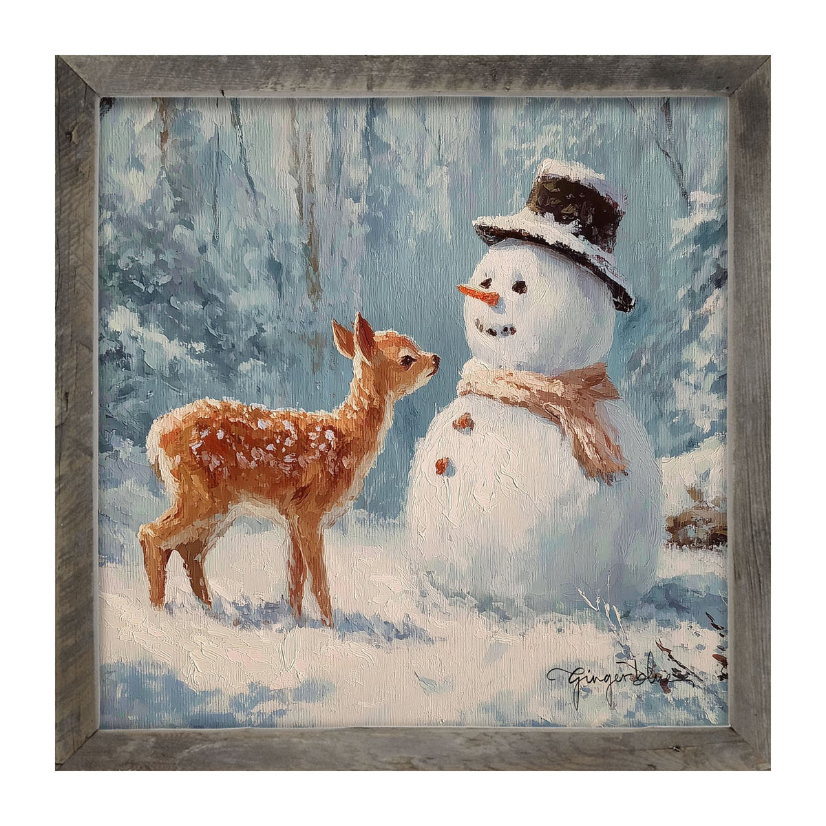 Deer with Snowman Friend - Framed Art