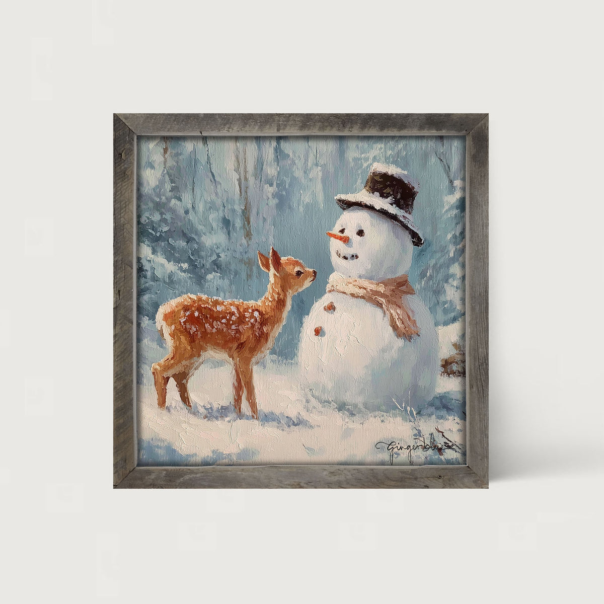 Deer with Snowman Friend - Framed Art