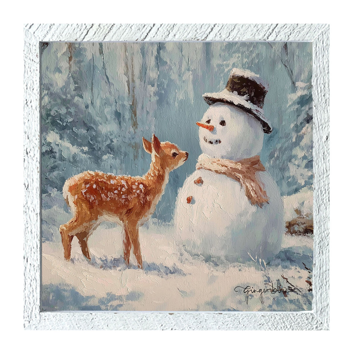 Deer with Snowman Friend - Framed Art