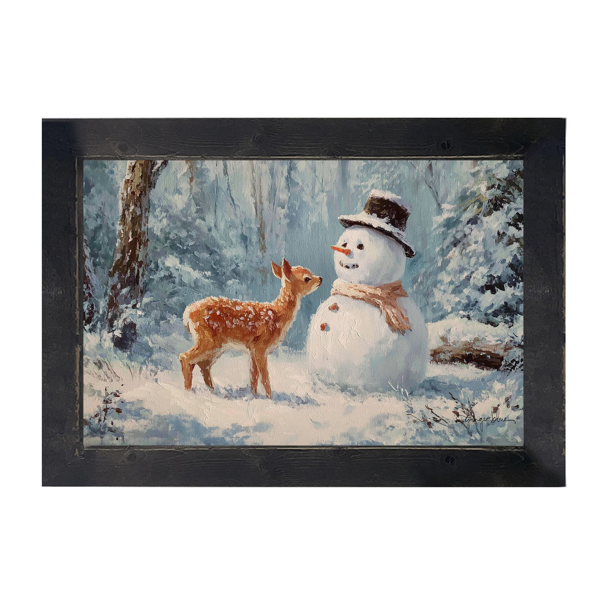 Deer with Snowman Friend - Framed Art