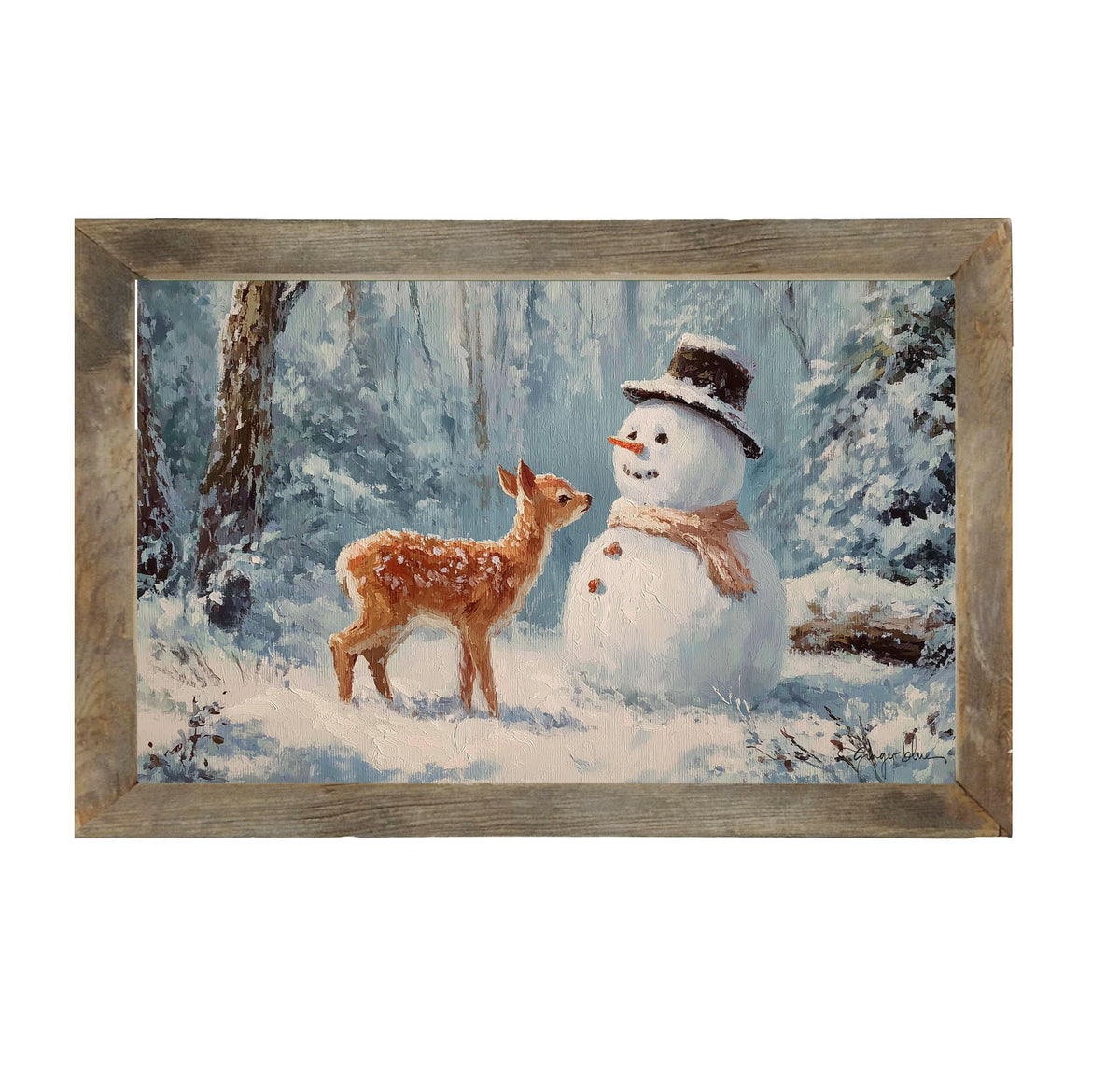 Deer with Snowman Friend - Framed Art