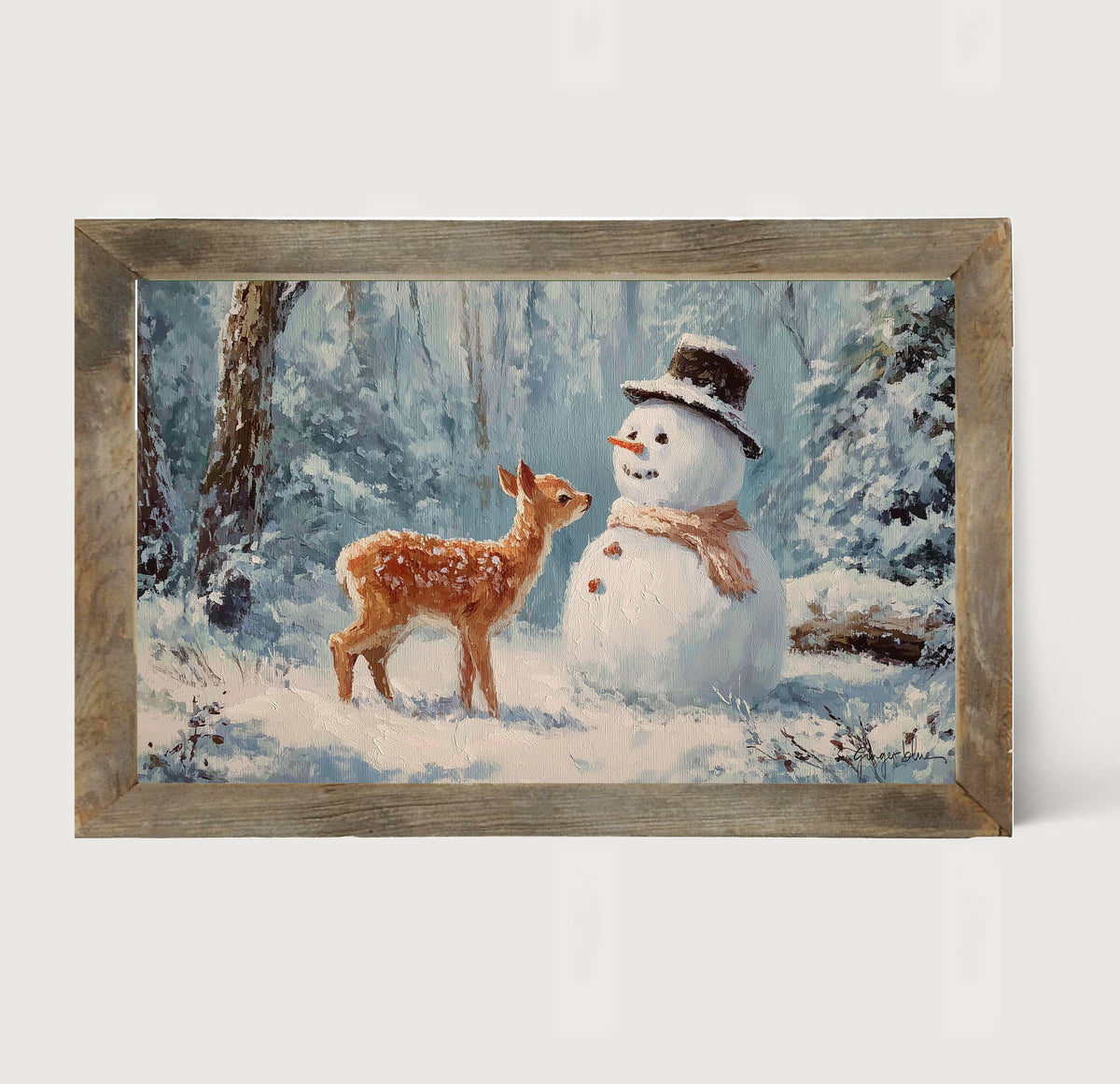 Deer with Snowman Friend - Framed Art