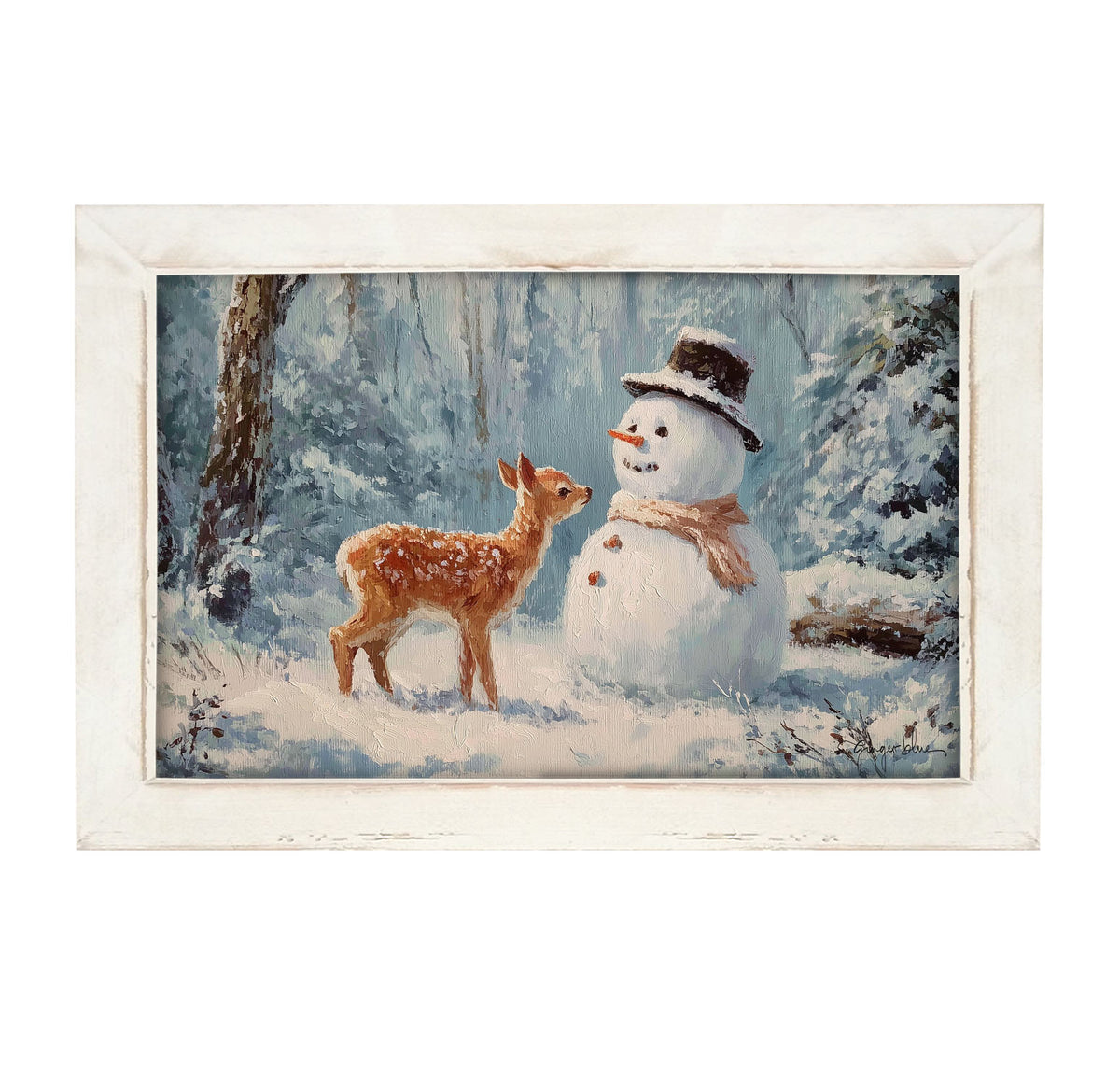 Deer with Snowman Friend - Framed Art