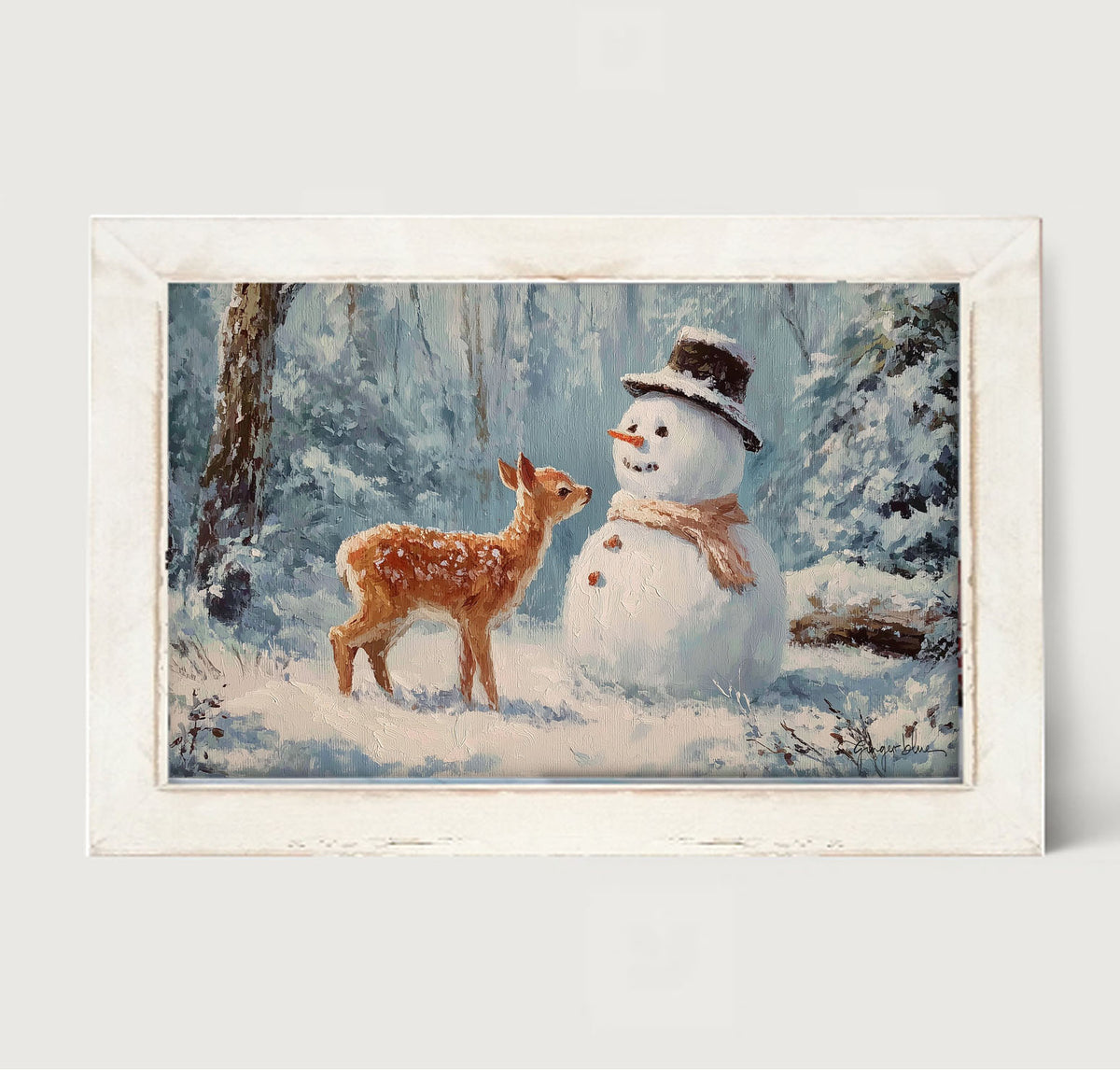 Deer with Snowman Friend - Framed Art