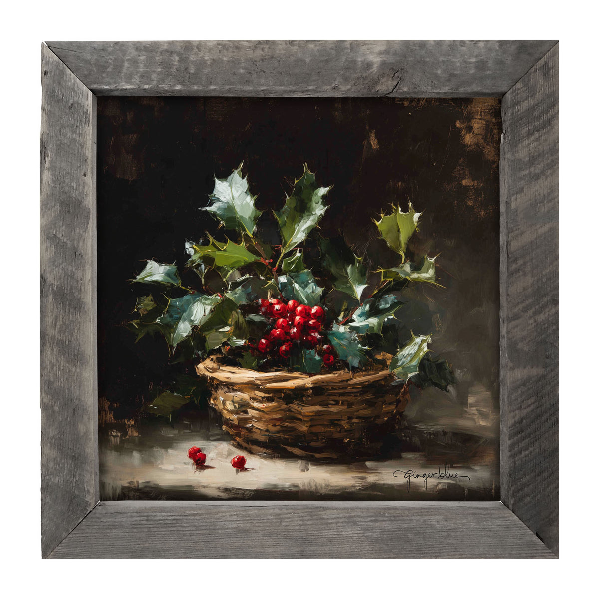 Holly in Woven Basket - Framed Art