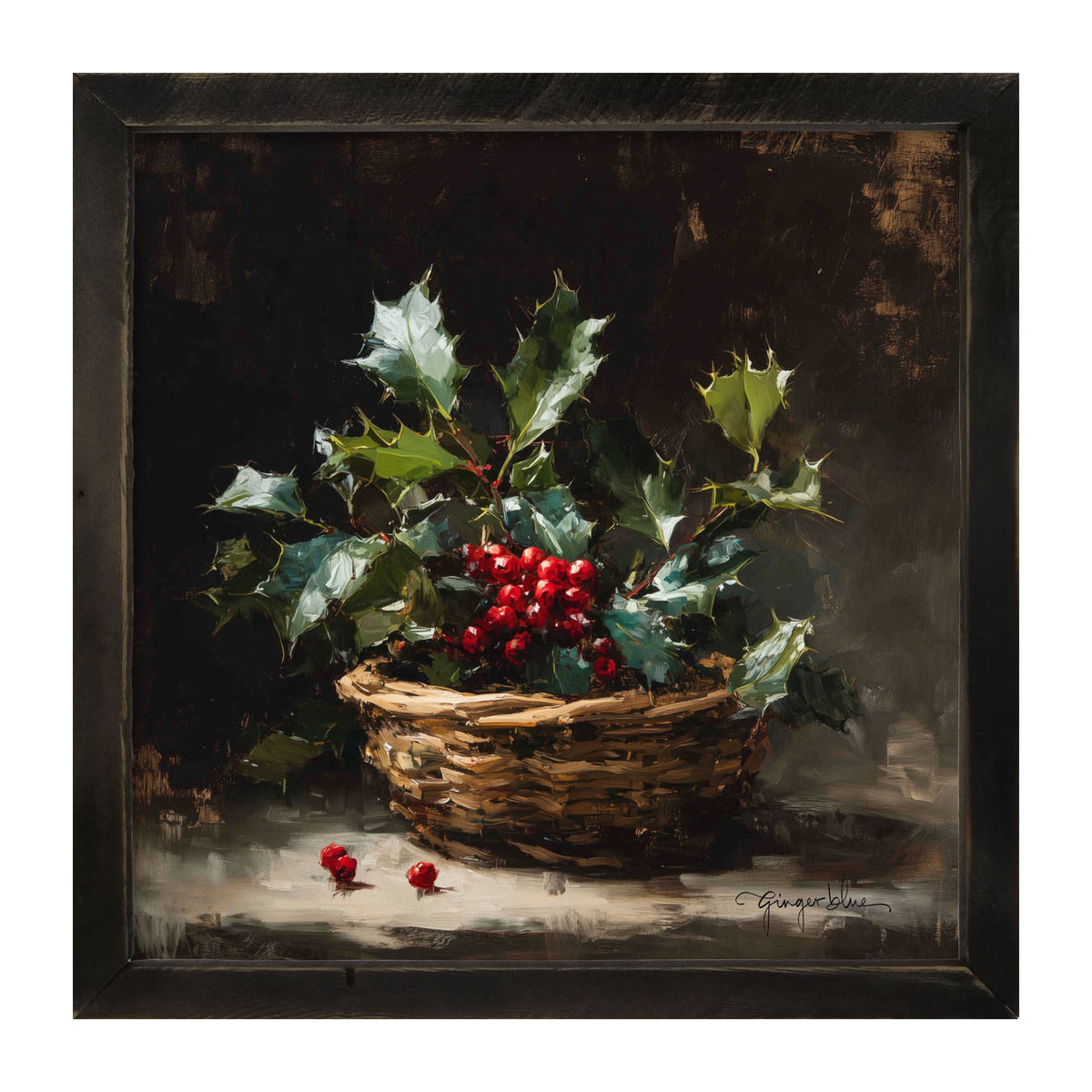 Holly in Woven Basket - Framed Art