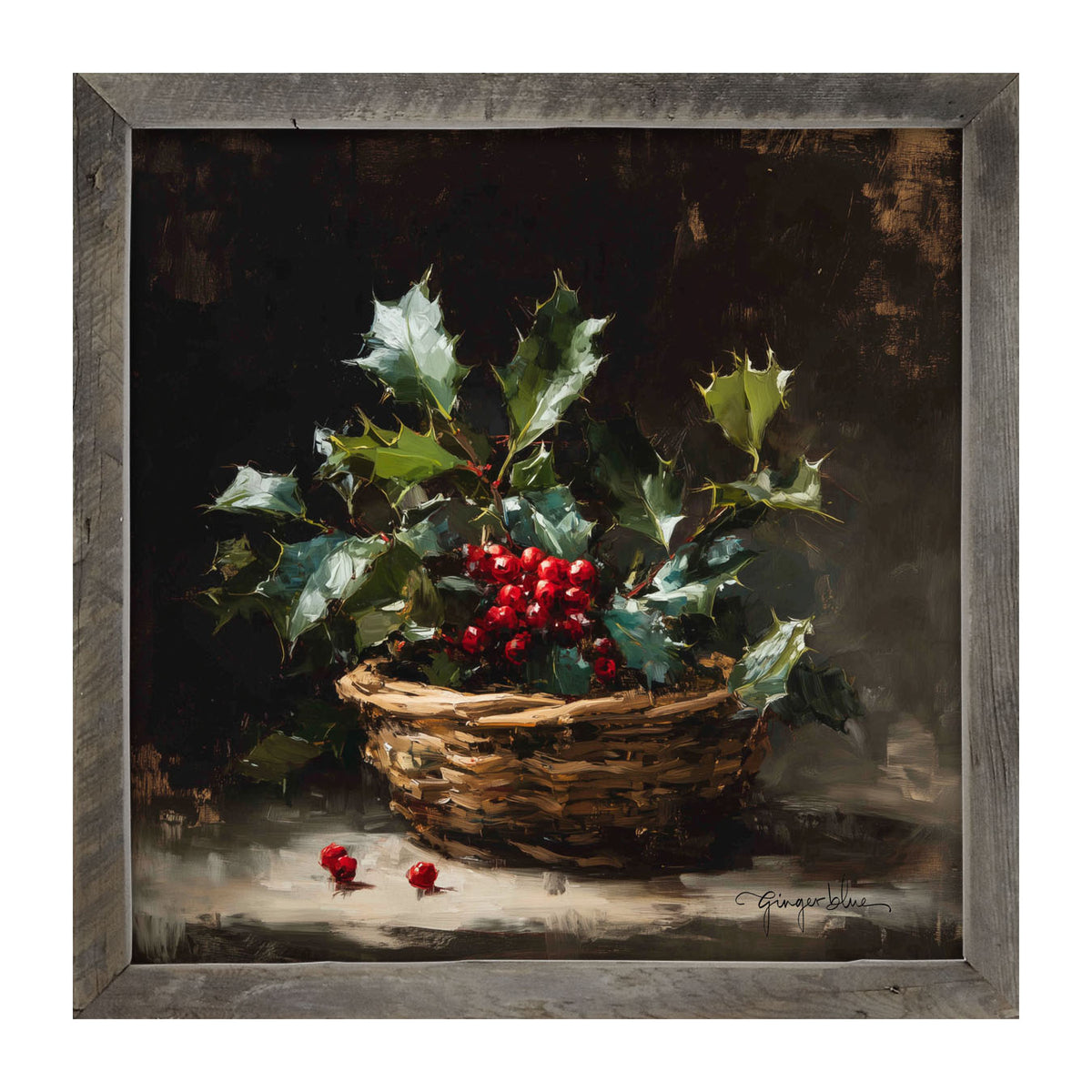 Holly in Woven Basket - Framed Art