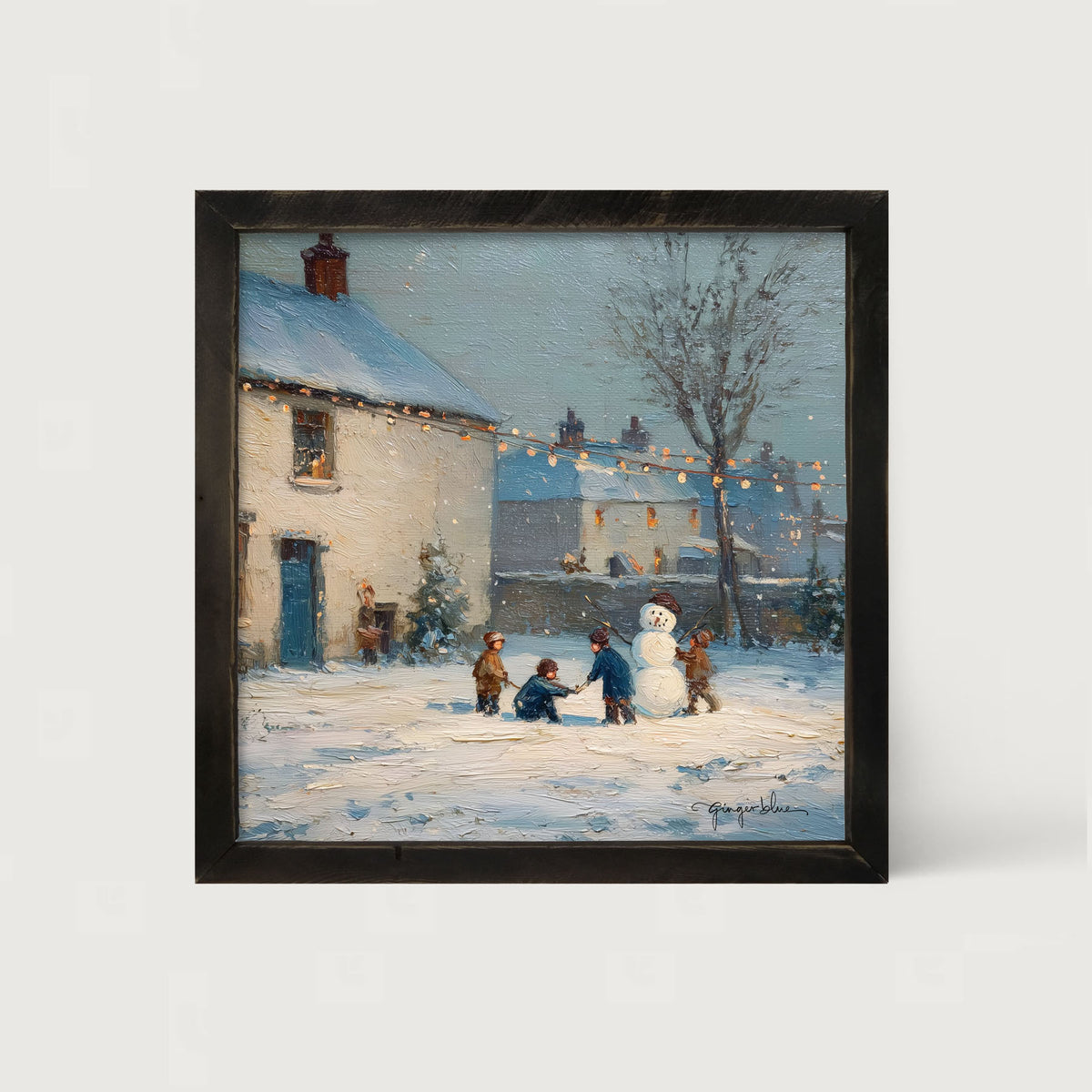 Children Making a Snowman at Home - Framed Art