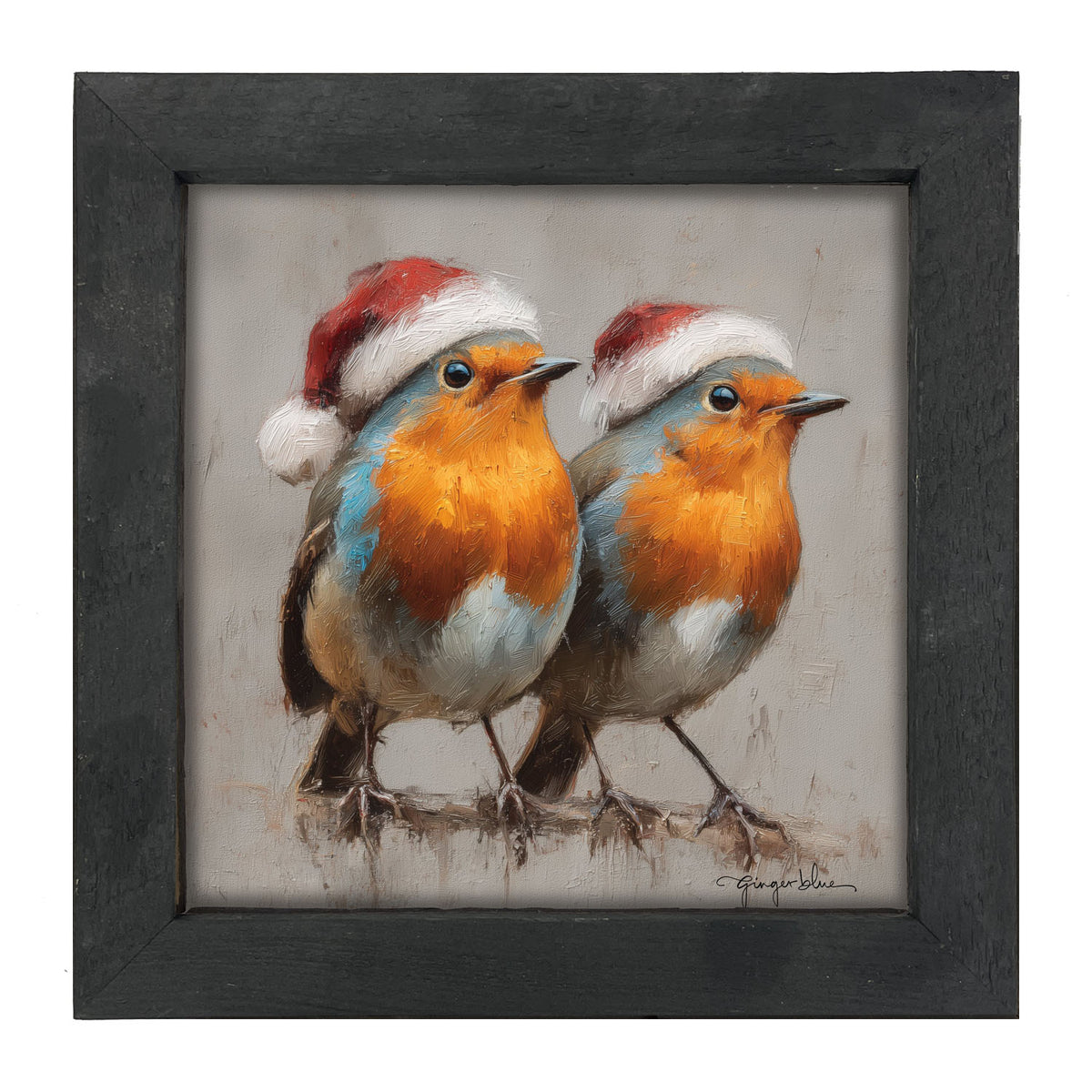 Orange-Breasted Birds in Santa Hats - Framed Art