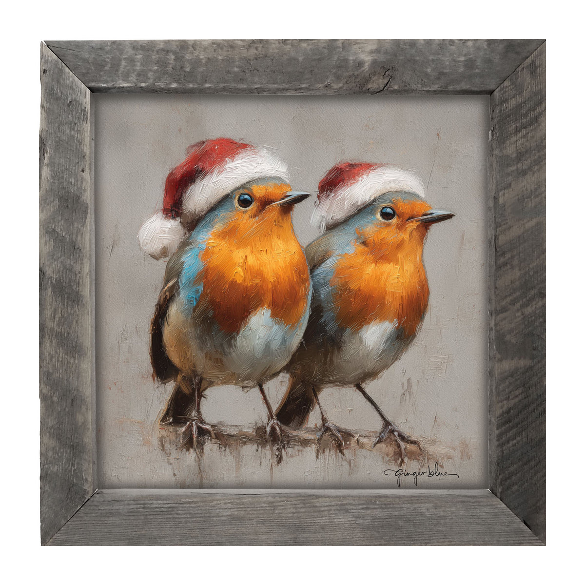 Orange-Breasted Birds in Santa Hats - Framed Art