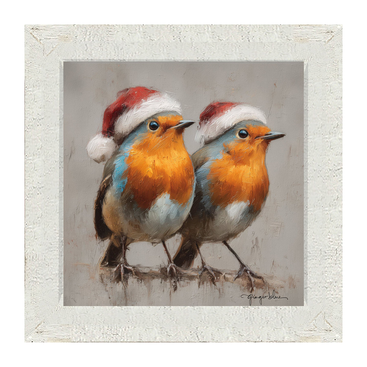 Orange-Breasted Birds in Santa Hats - Framed Art