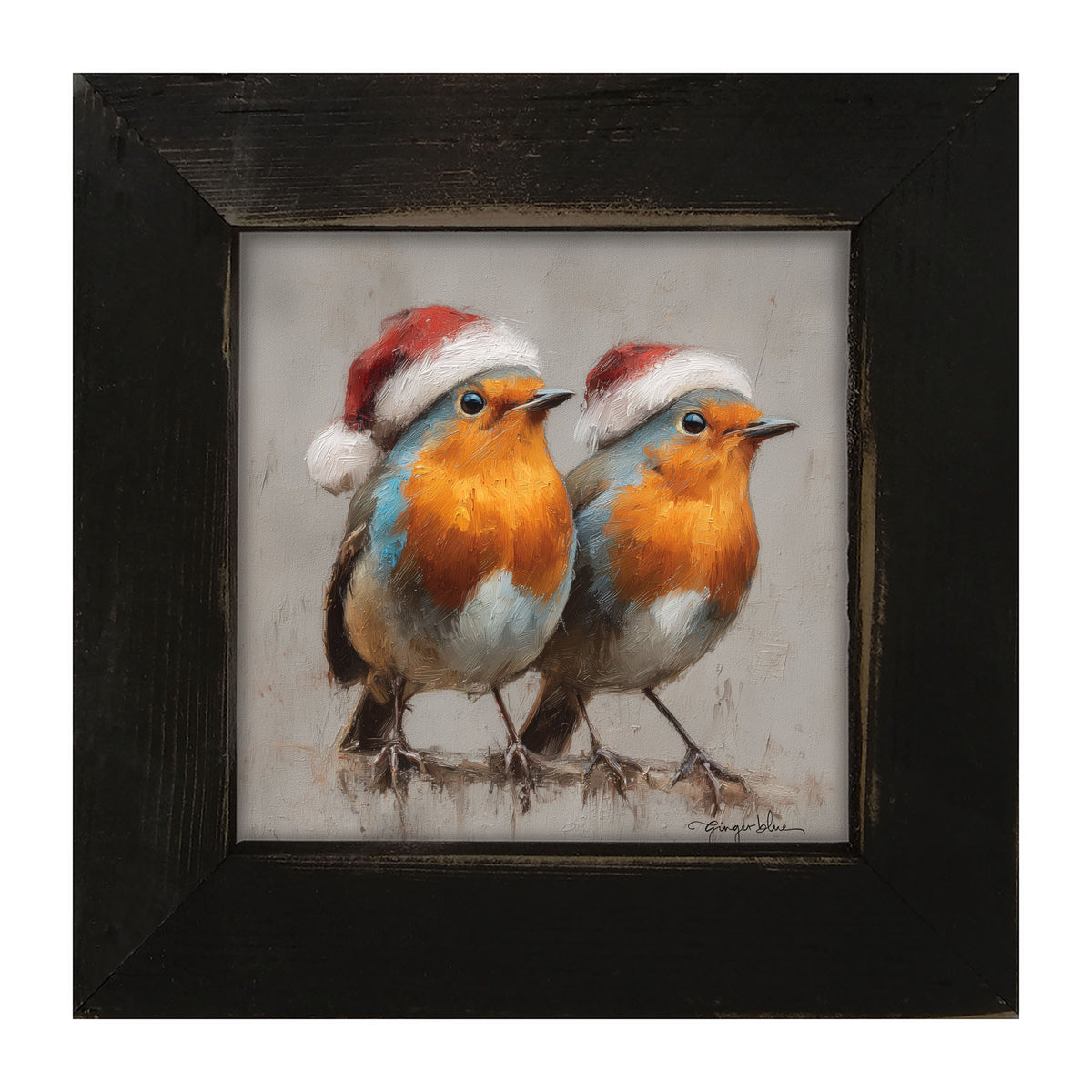 Orange-Breasted Birds in Santa Hats - Framed Art