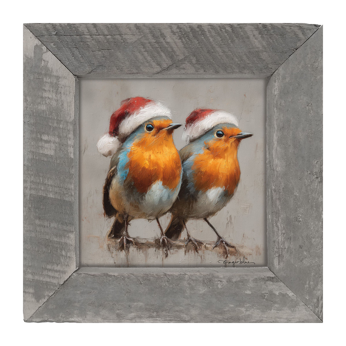 Orange-Breasted Birds in Santa Hats - Framed Art