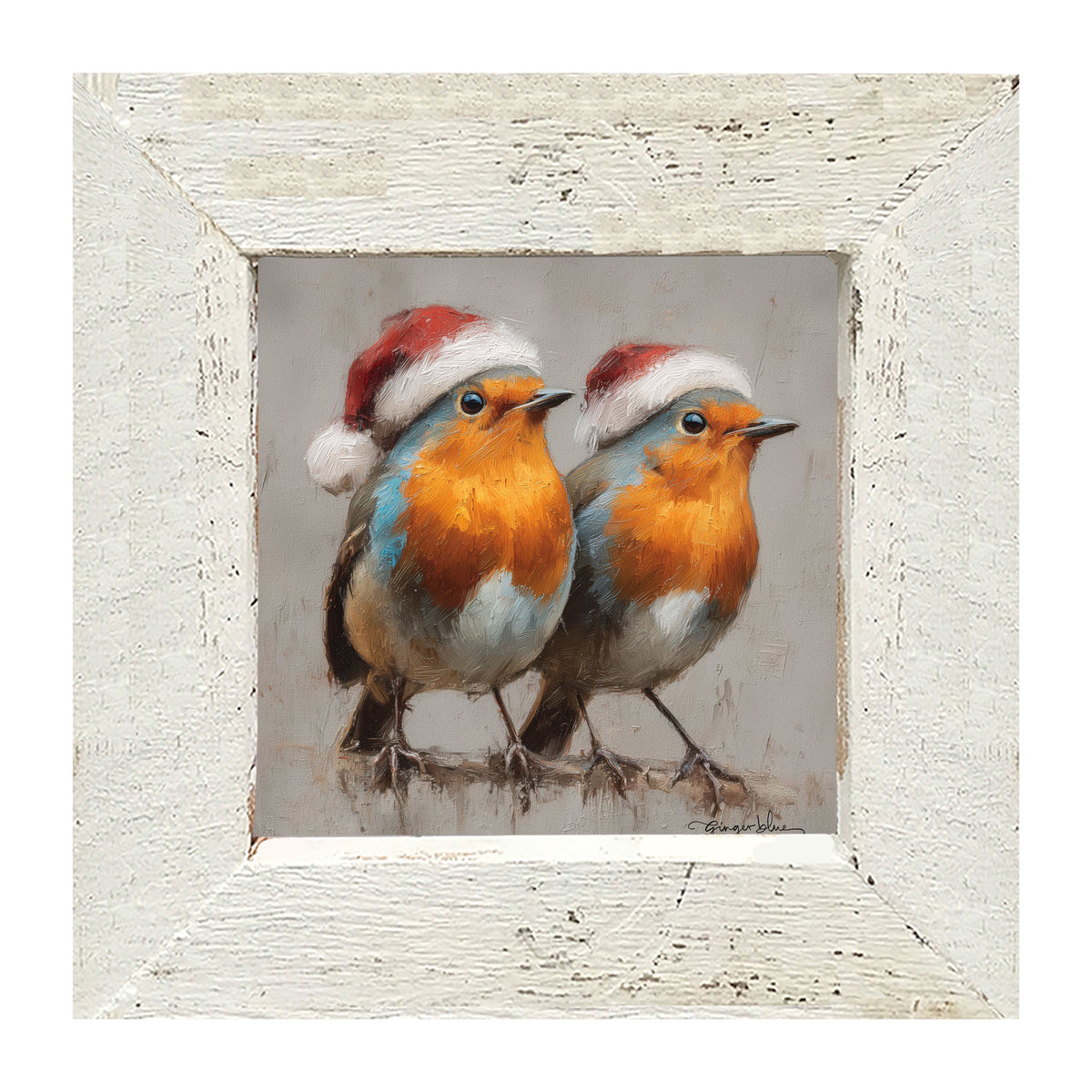 Orange-Breasted Birds in Santa Hats - Framed Art