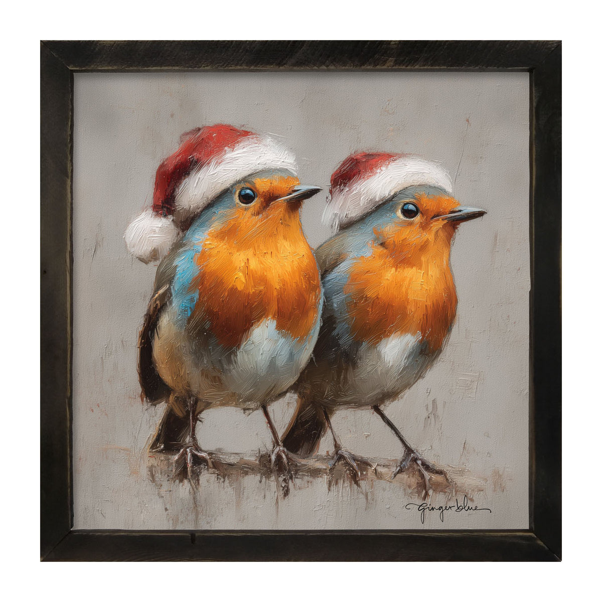 Orange-Breasted Birds in Santa Hats - Framed Art