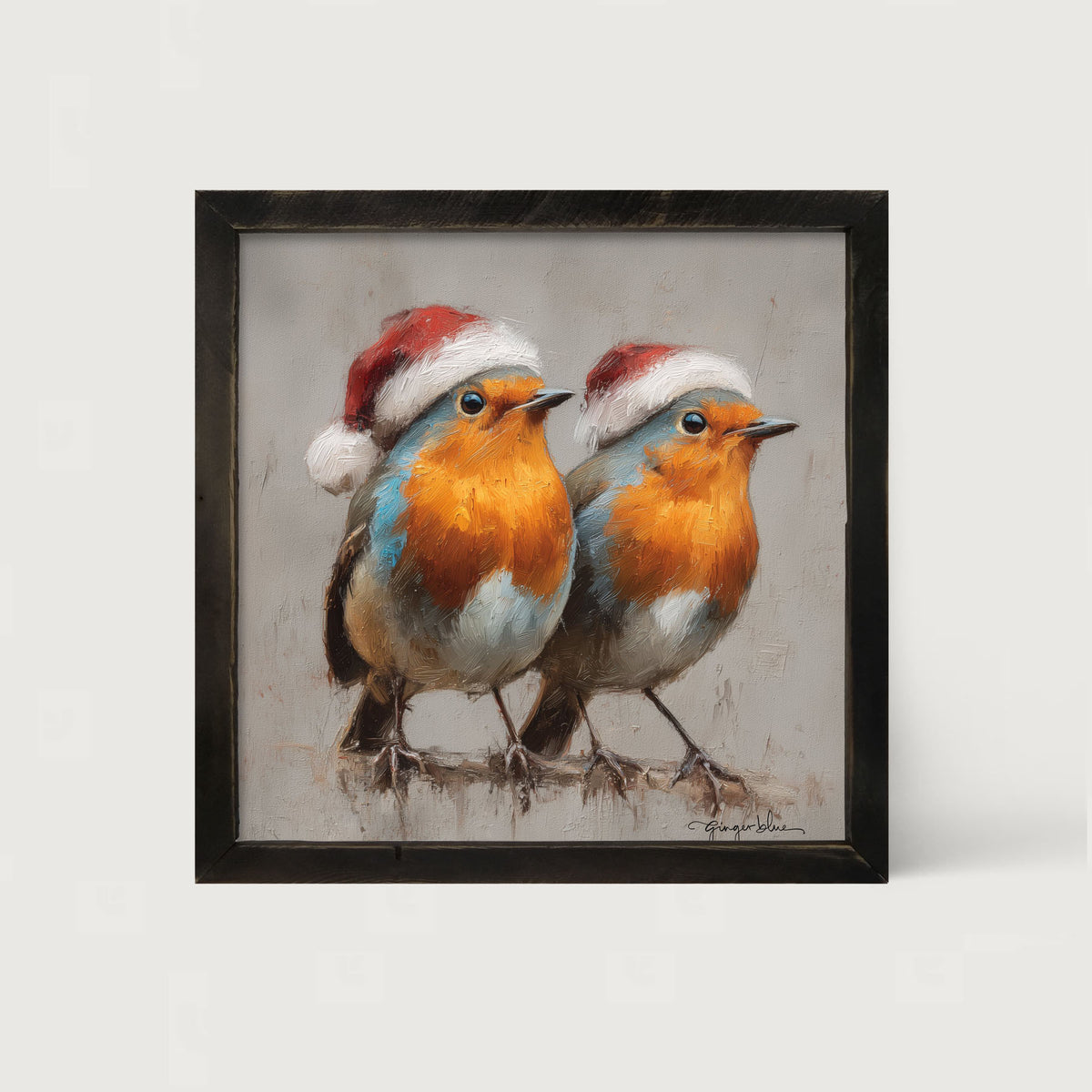 Orange-Breasted Birds in Santa Hats - Framed Art