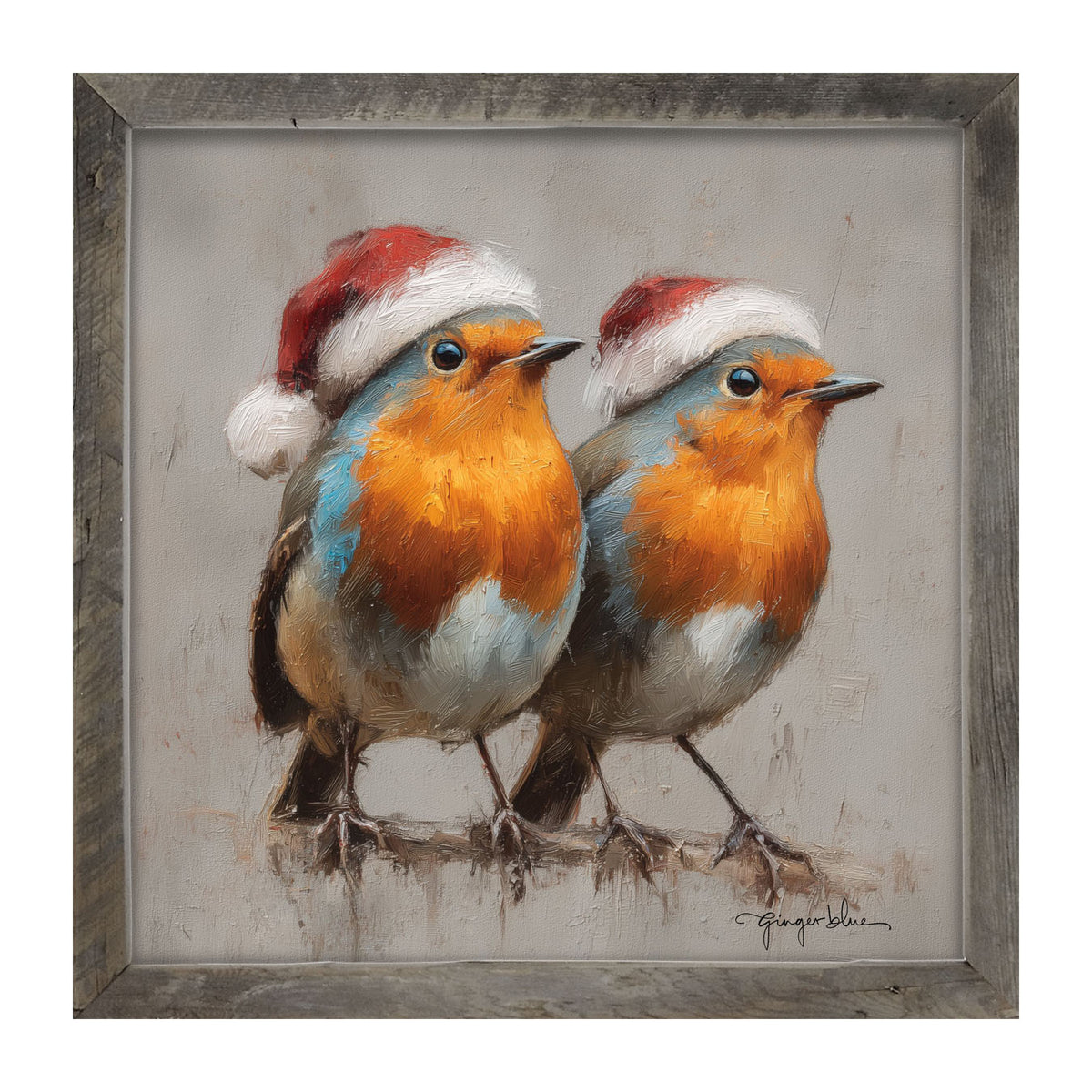 Orange-Breasted Birds in Santa Hats - Framed Art