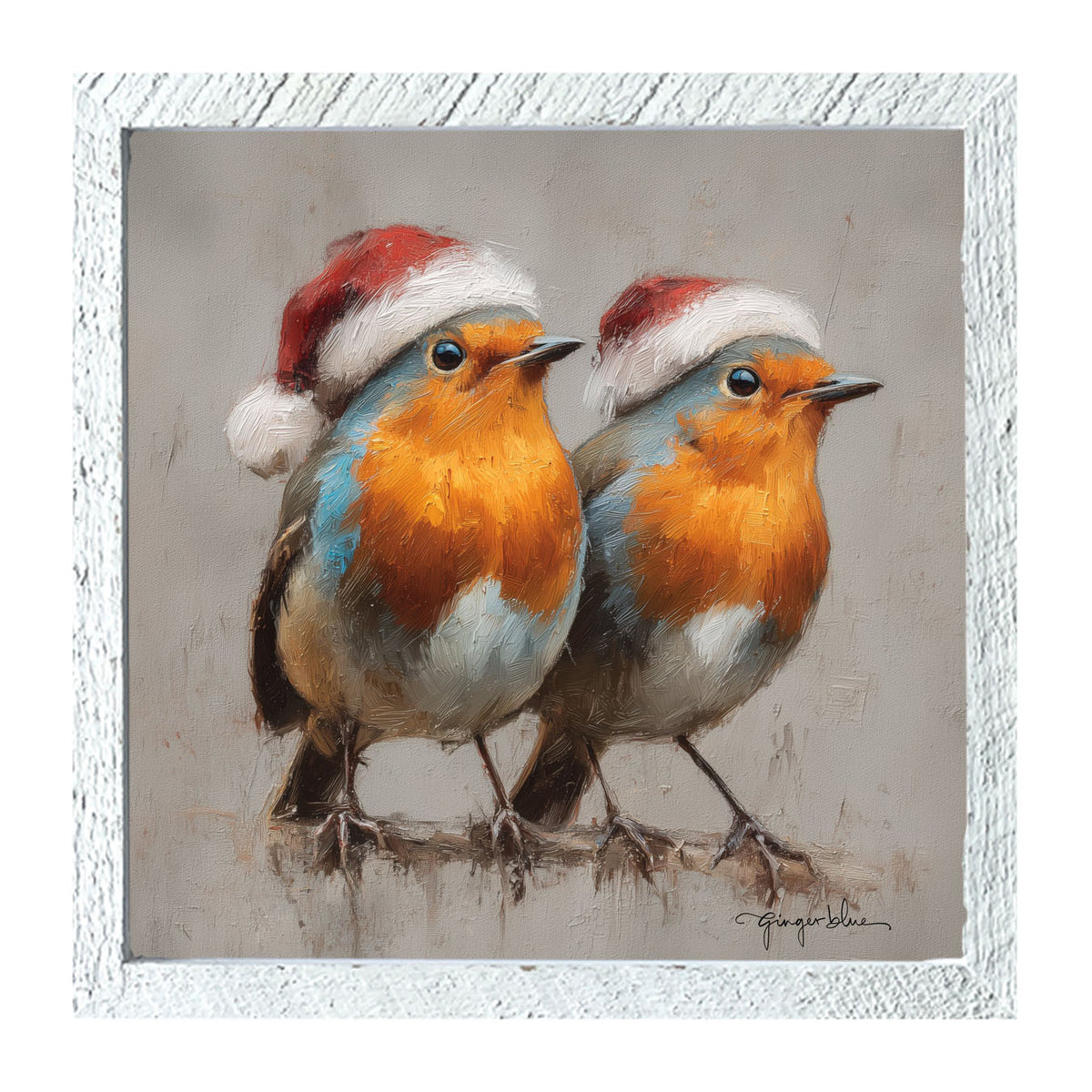 Orange-Breasted Birds in Santa Hats - Framed Art