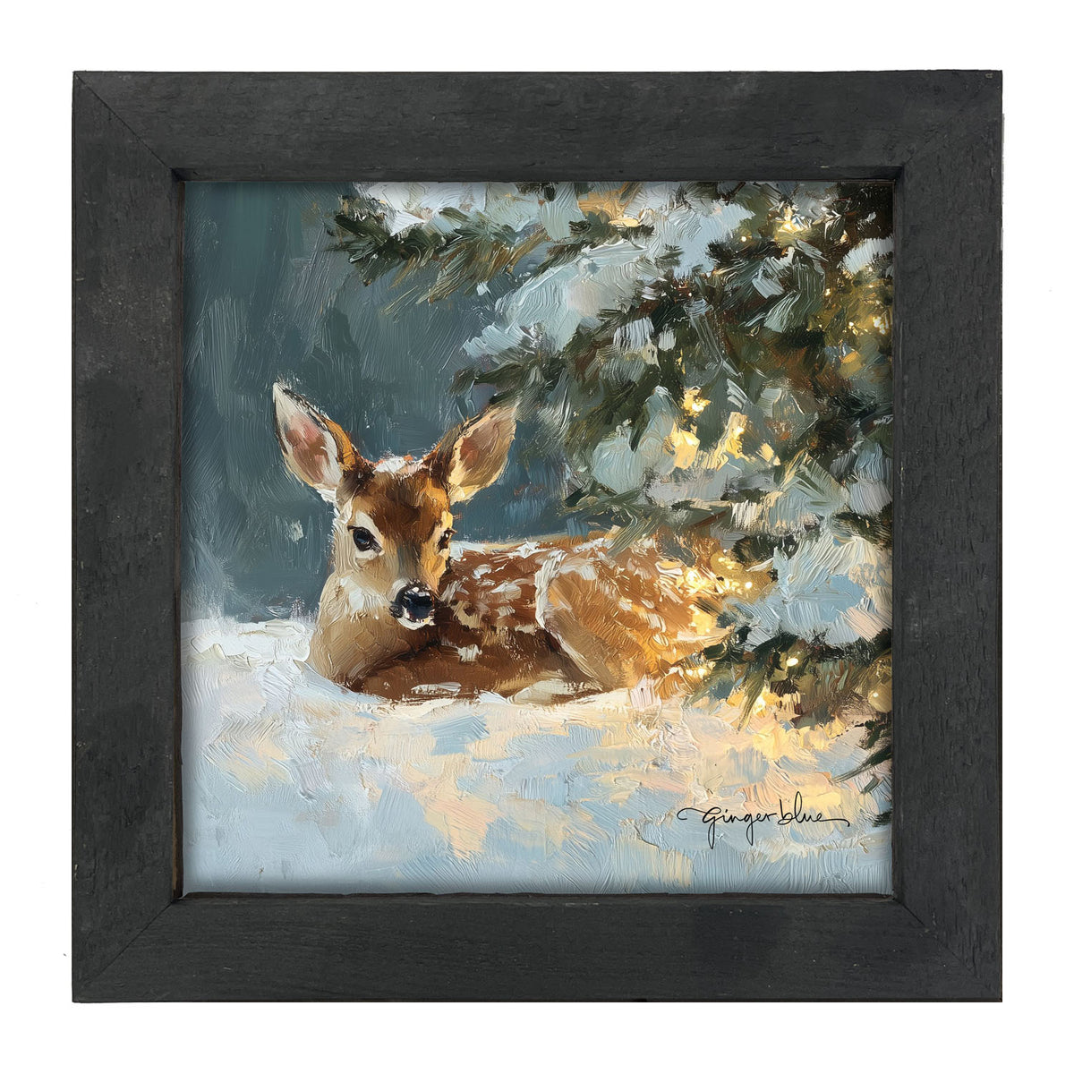 Deer resting near Pine Tree - Framed Art