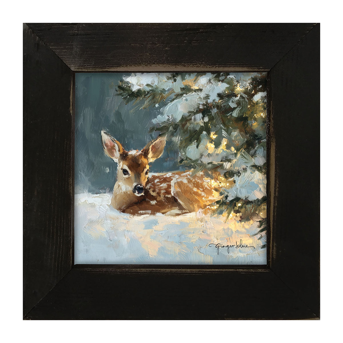 Deer resting near Pine Tree - Framed Art