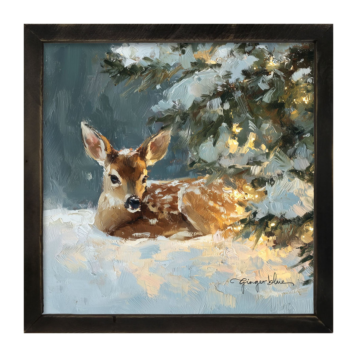 Deer resting near Pine Tree - Framed Art