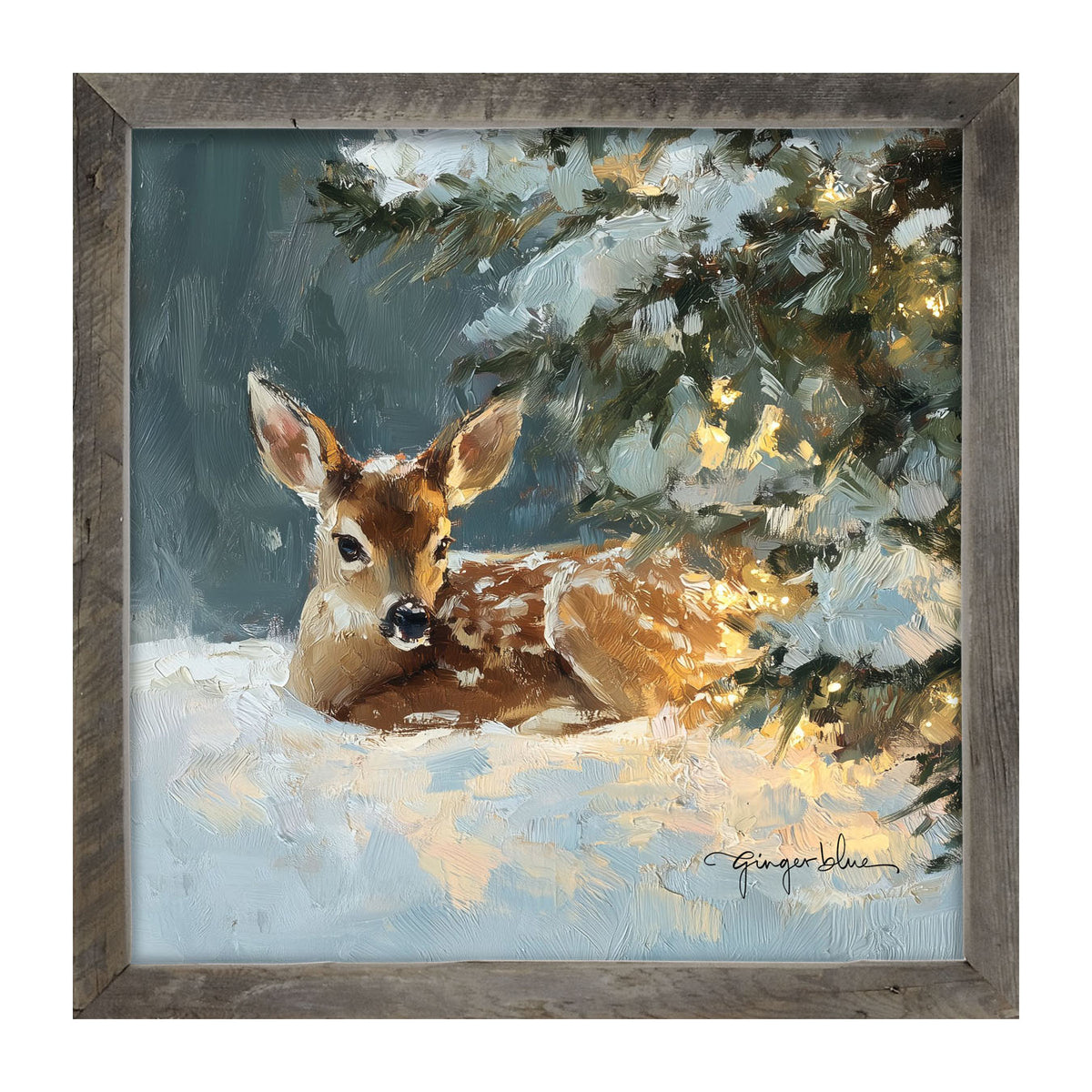 Deer resting near Pine Tree - Framed Art