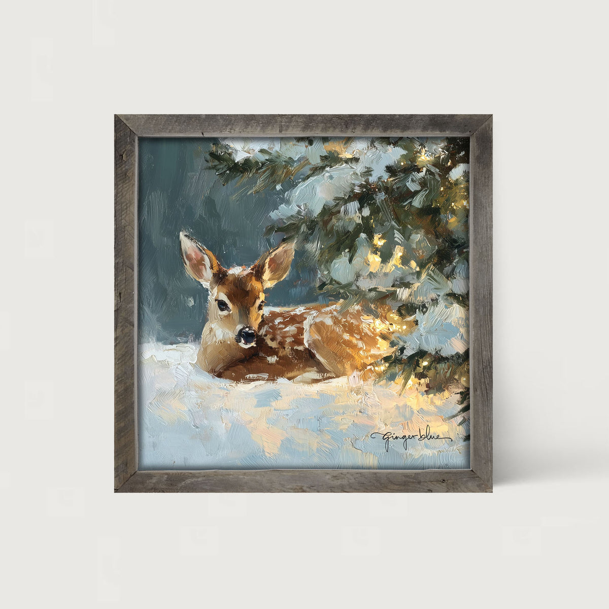 Deer resting near Pine Tree - Framed Art
