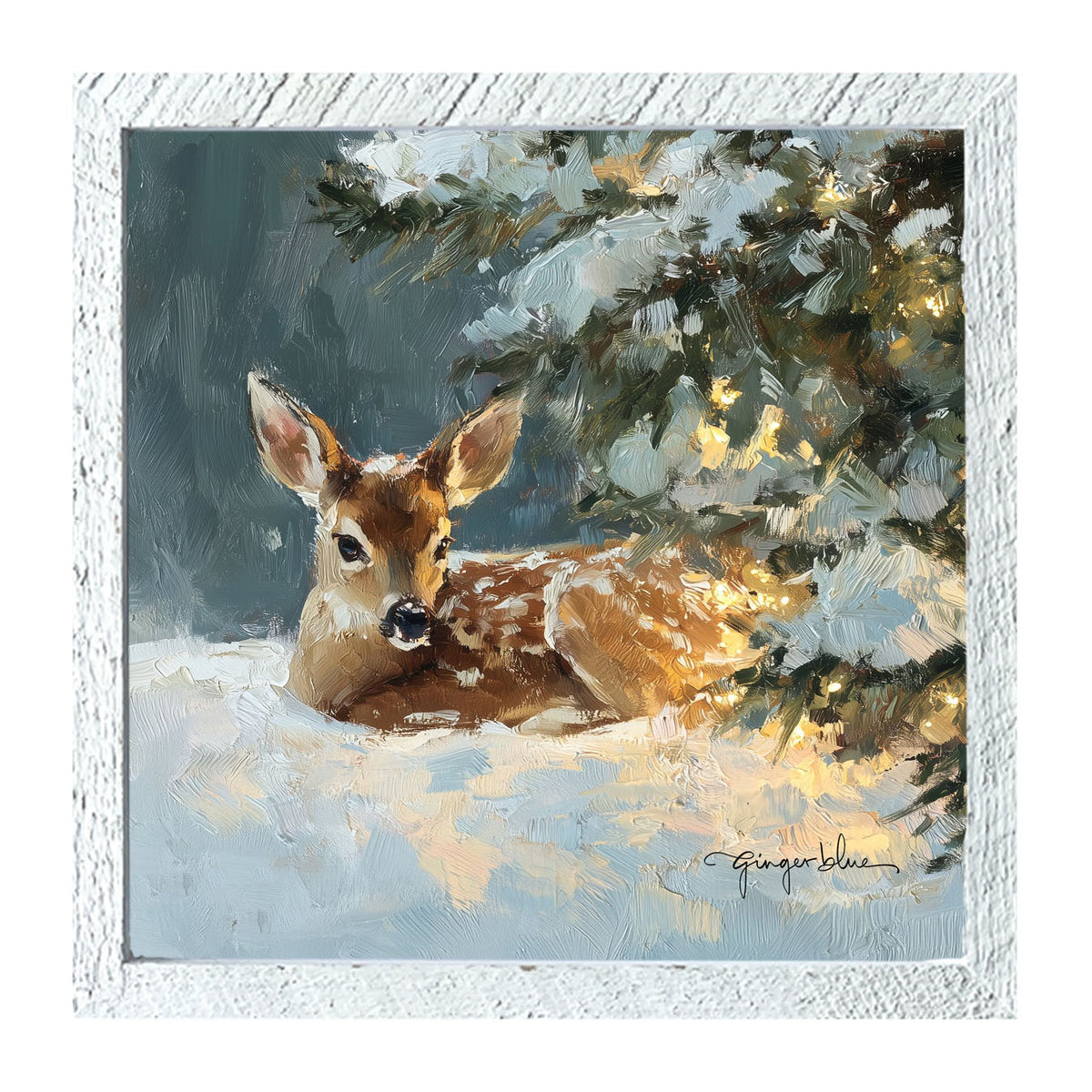 Deer resting near Pine Tree - Framed Art