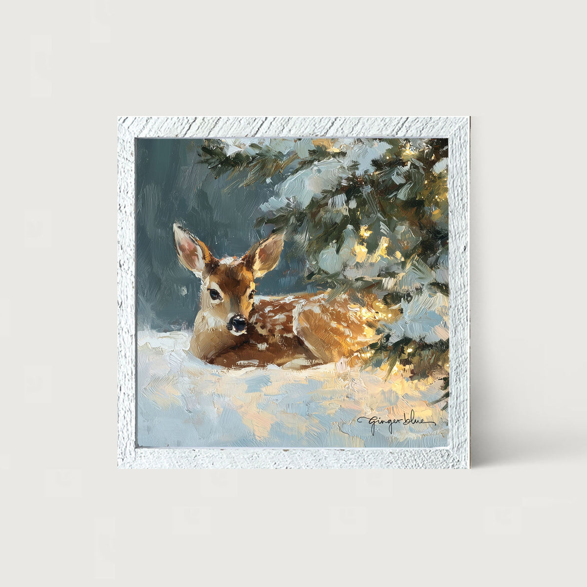 Deer resting near Pine Tree - Framed Art