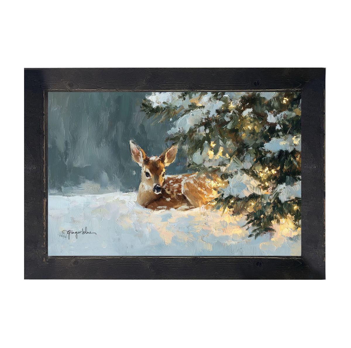 Deer resting near Pine Tree - Framed Art