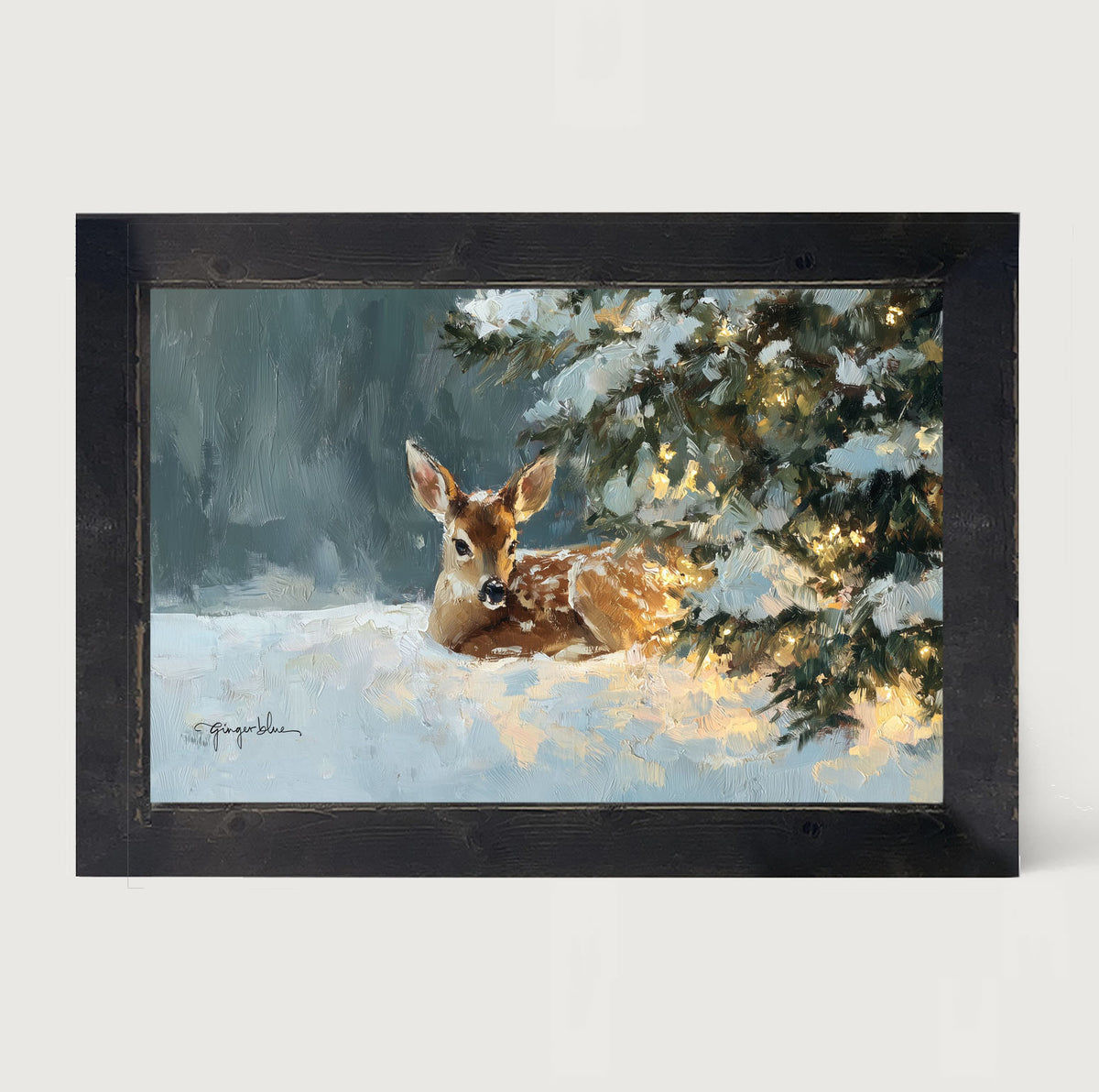 Deer resting near Pine Tree - Framed Art