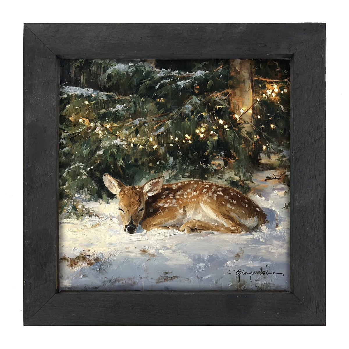 Deer Sleeping under Pine Tree - Framed Art