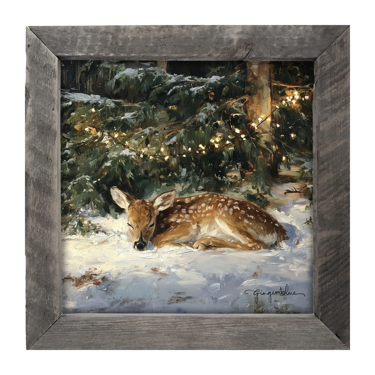 Deer Sleeping under Pine Tree - Framed Art
